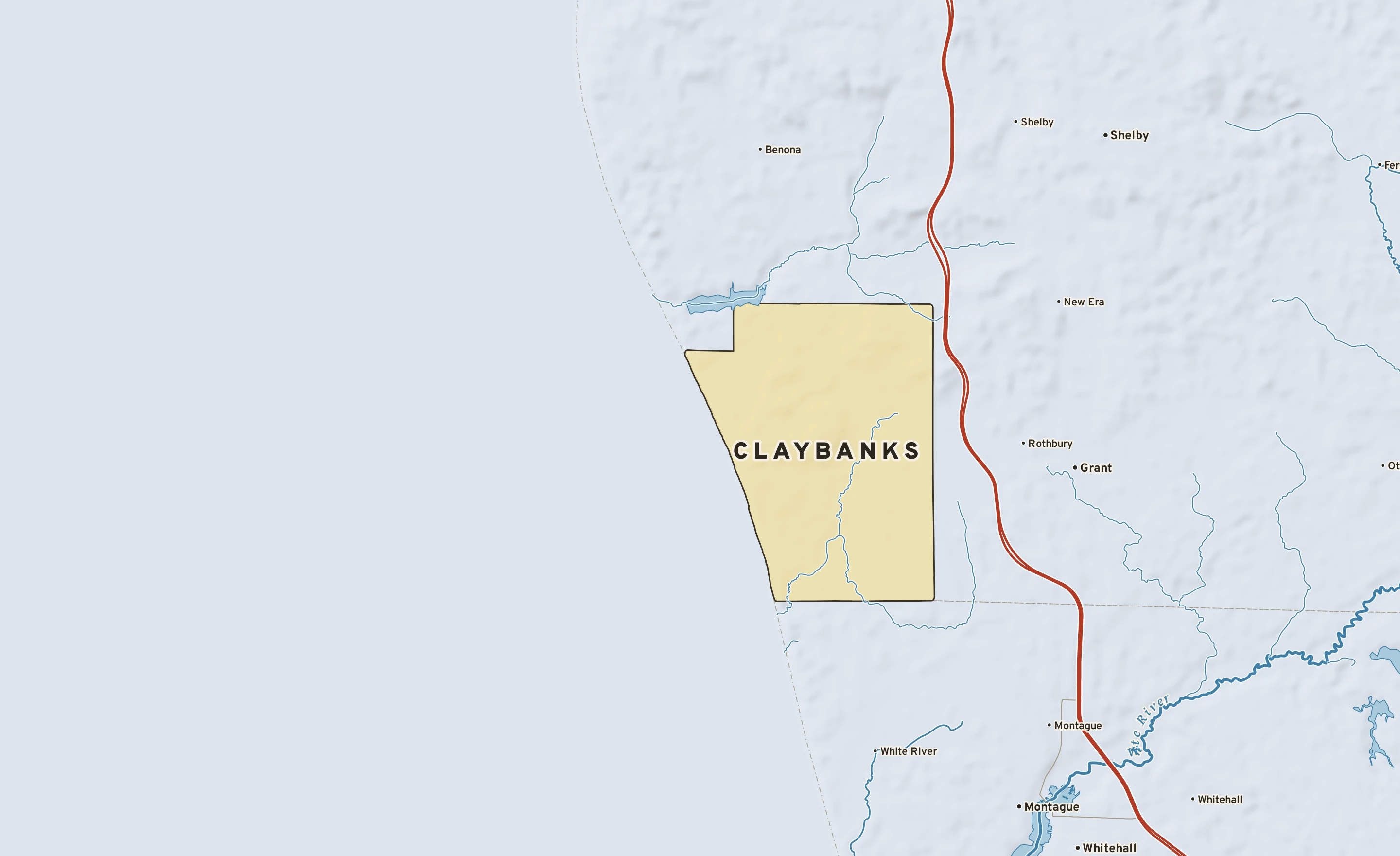 Shaded-relief atlas plate of Claybanks, Michigan: rivers, roads, the city limits and where the water drains.