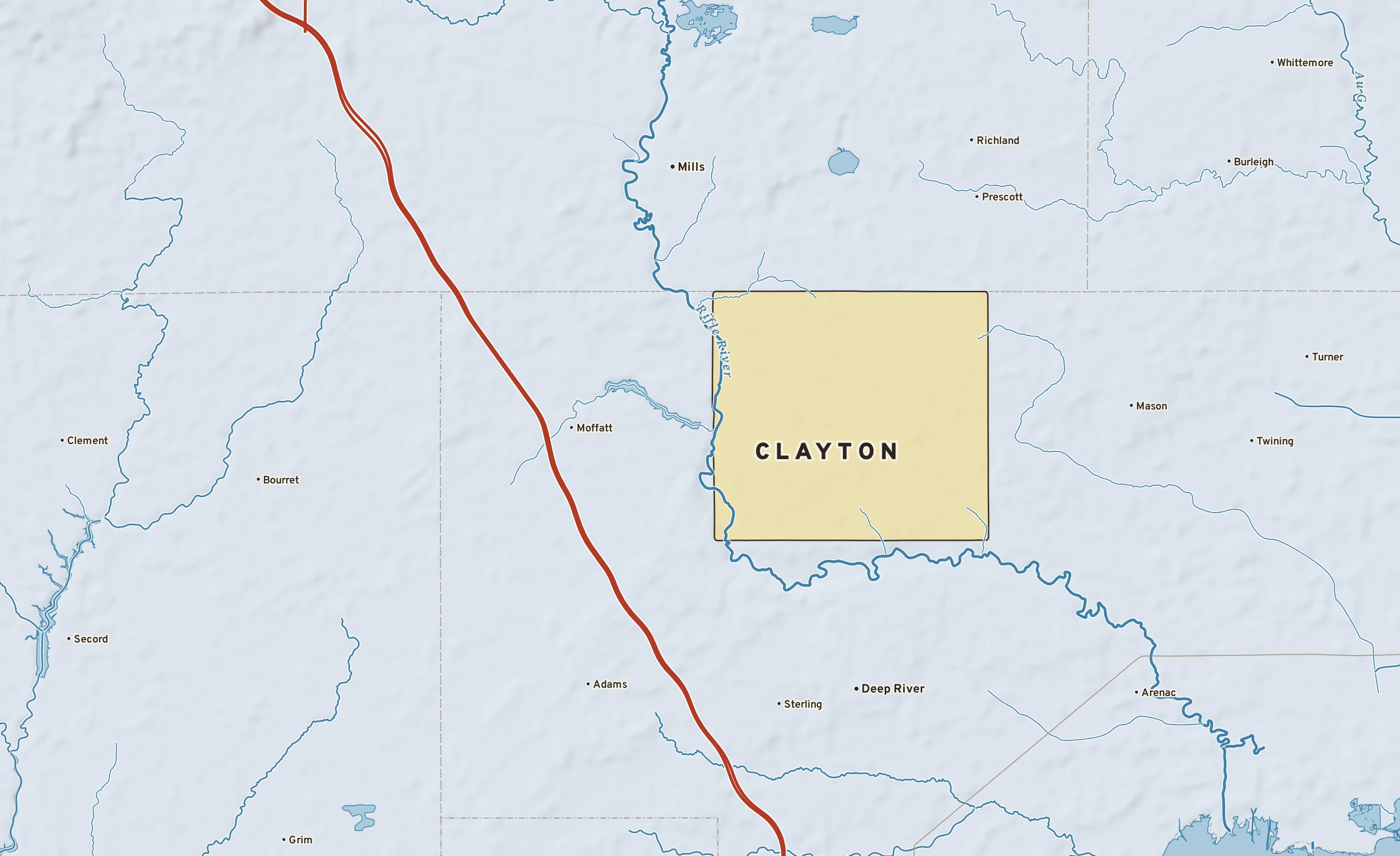 Shaded-relief atlas plate of Clayton, Michigan: rivers, roads, the city limits and where the water drains.