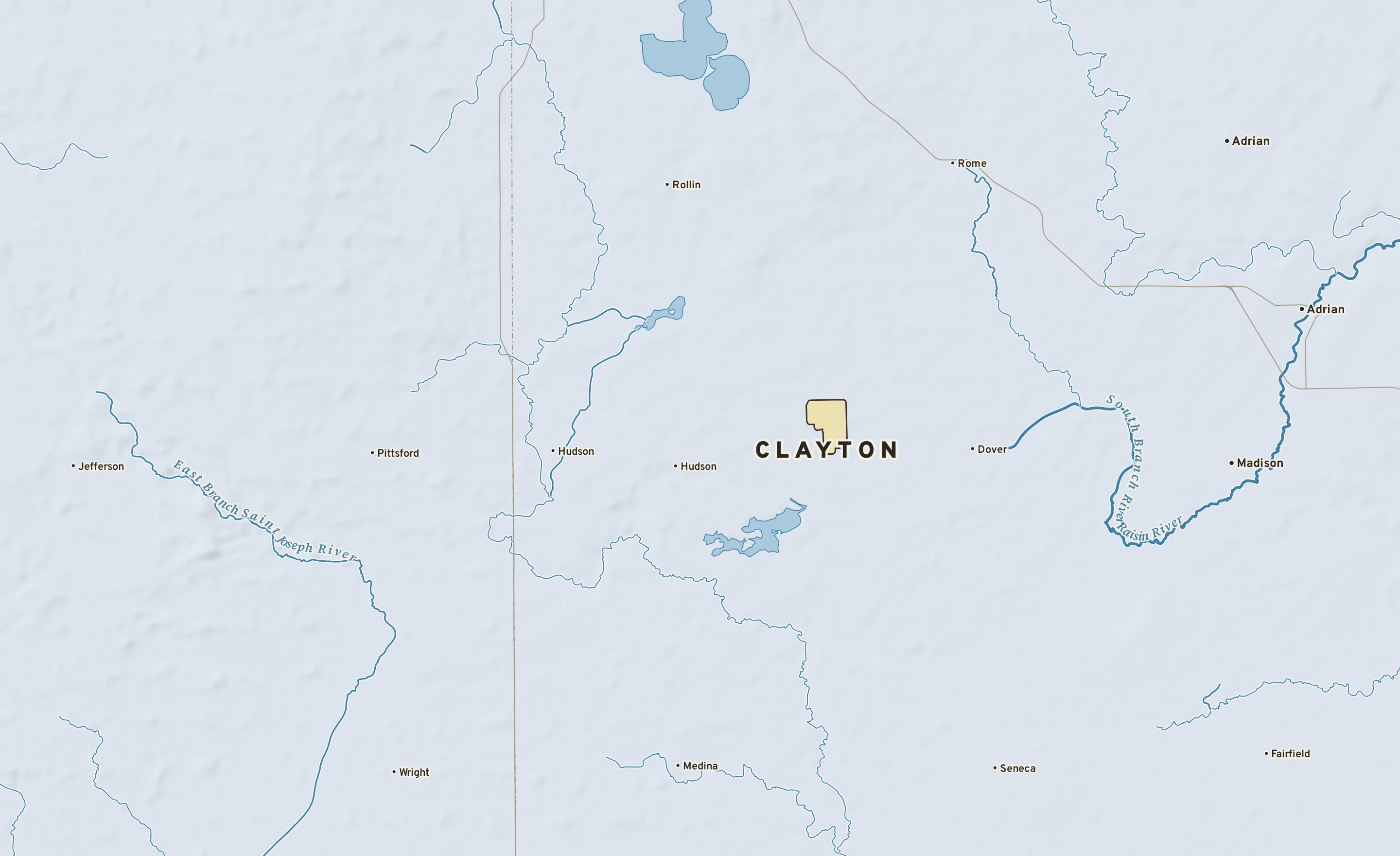 Shaded-relief atlas plate of Clayton, Michigan: rivers, roads, the city limits and where the water drains.