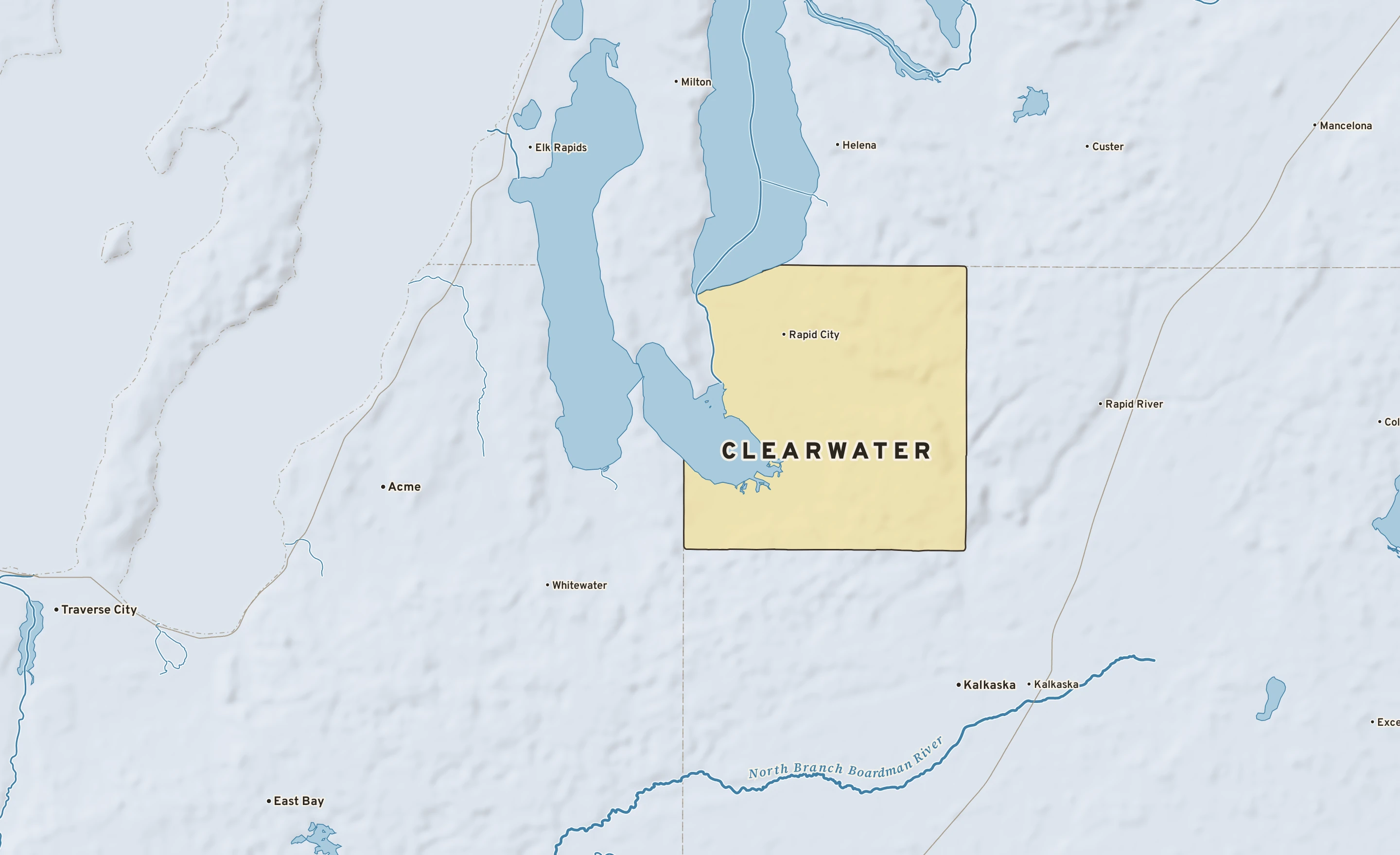 Shaded-relief atlas plate of Clearwater, Michigan: rivers, roads, the city limits and where the water drains.
