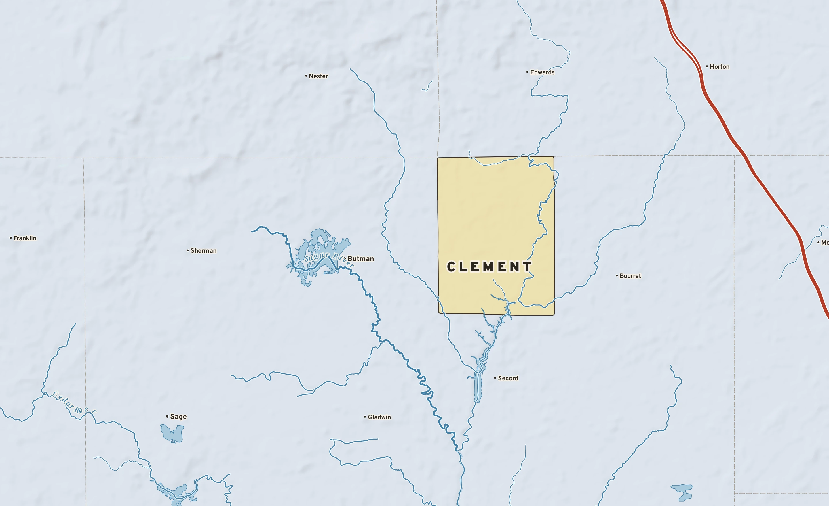 Shaded-relief atlas plate of Clement, Michigan: rivers, roads, the city limits and where the water drains.