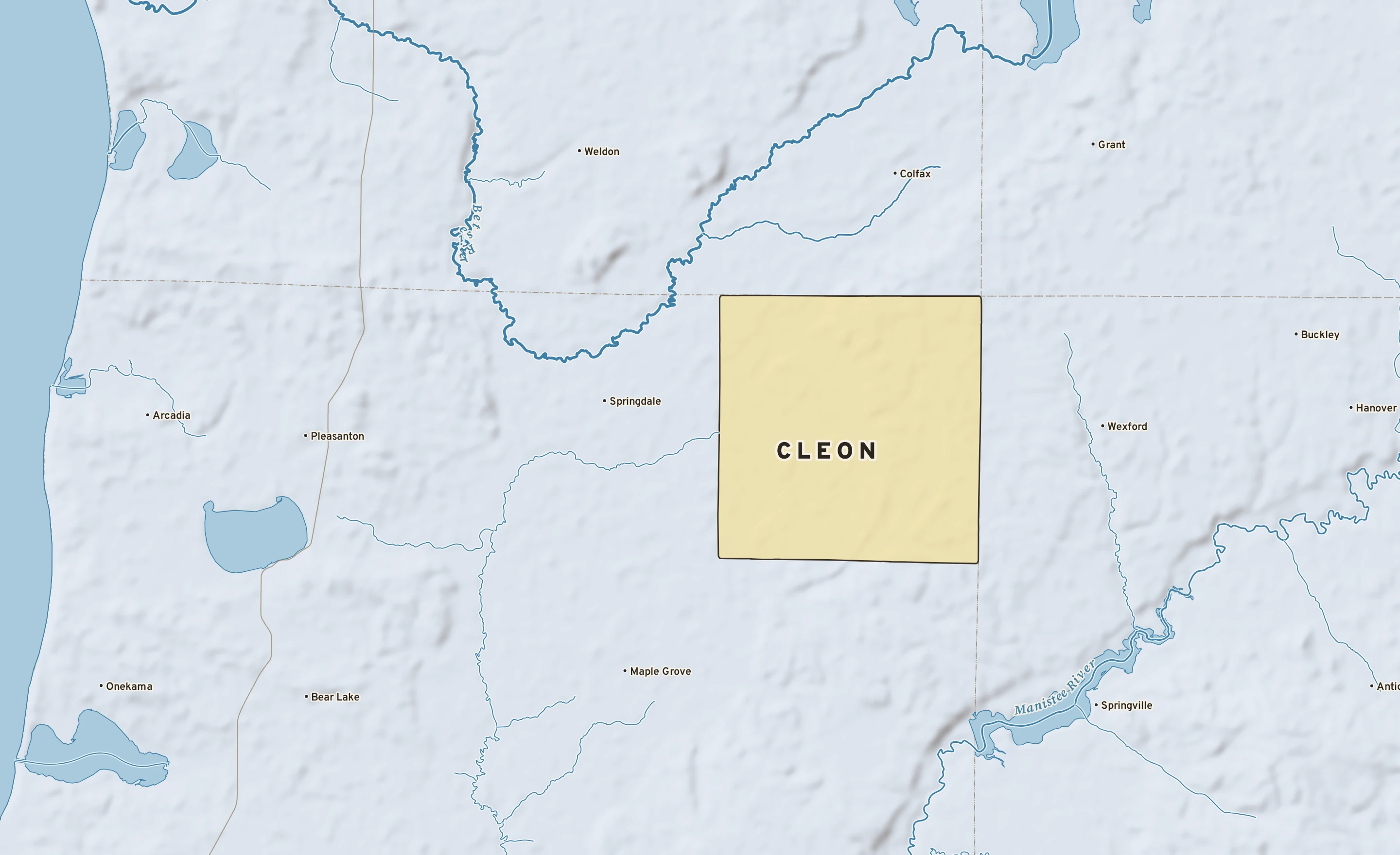 Shaded-relief atlas plate of Cleon, Michigan: rivers, roads, the city limits and where the water drains.