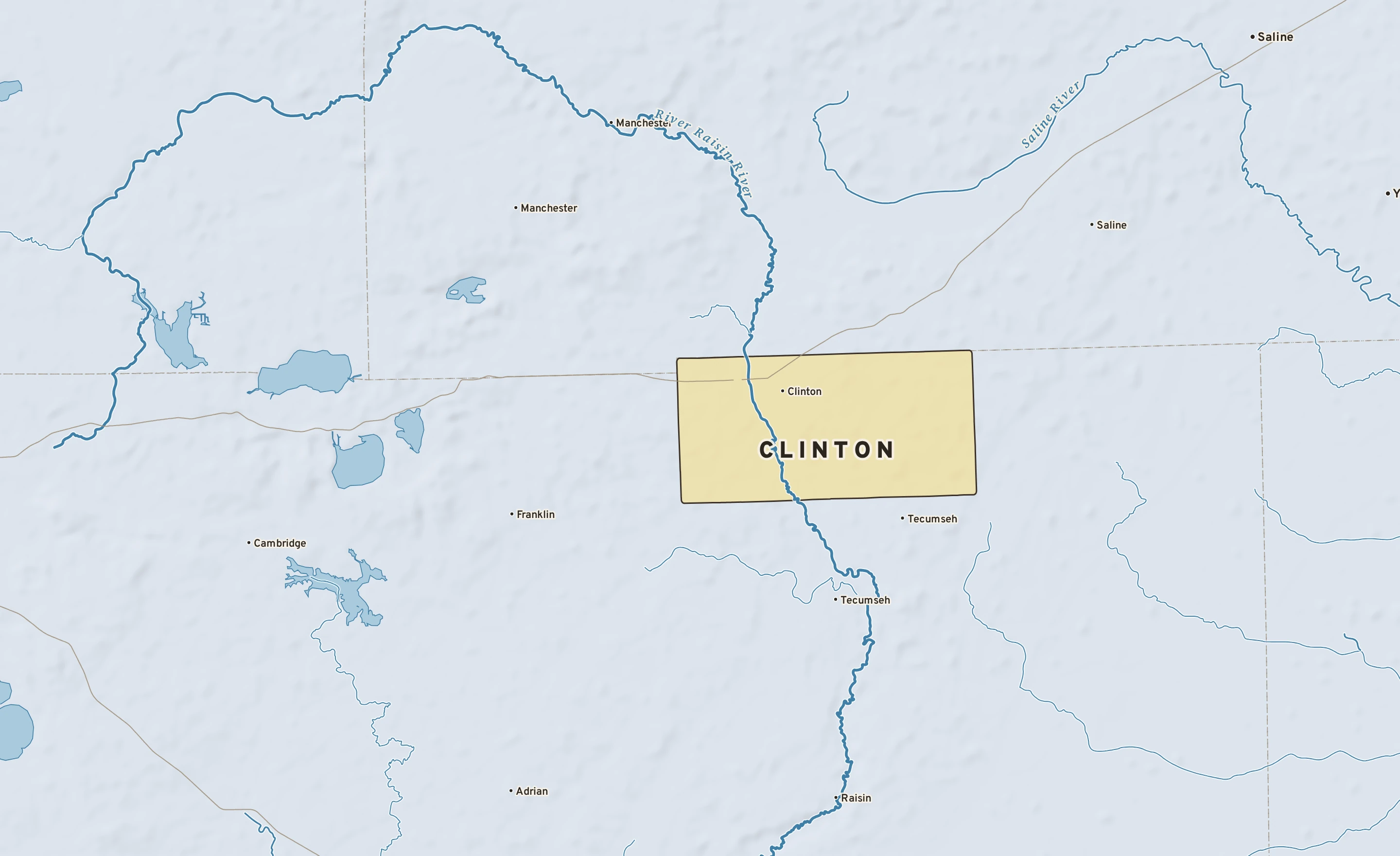 Shaded-relief atlas plate of Clinton, Michigan: rivers, roads, the city limits and where the water drains.