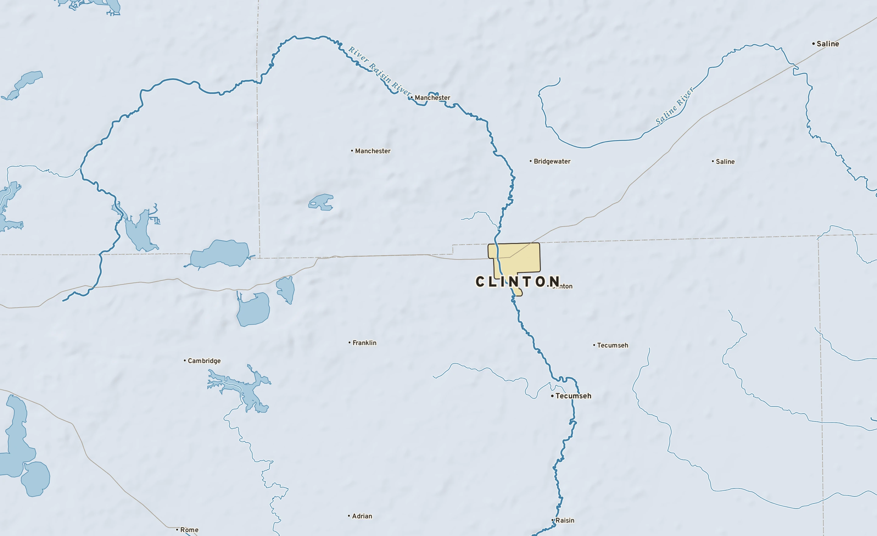 Shaded-relief atlas plate of Clinton, Michigan: rivers, roads, the city limits and where the water drains.
