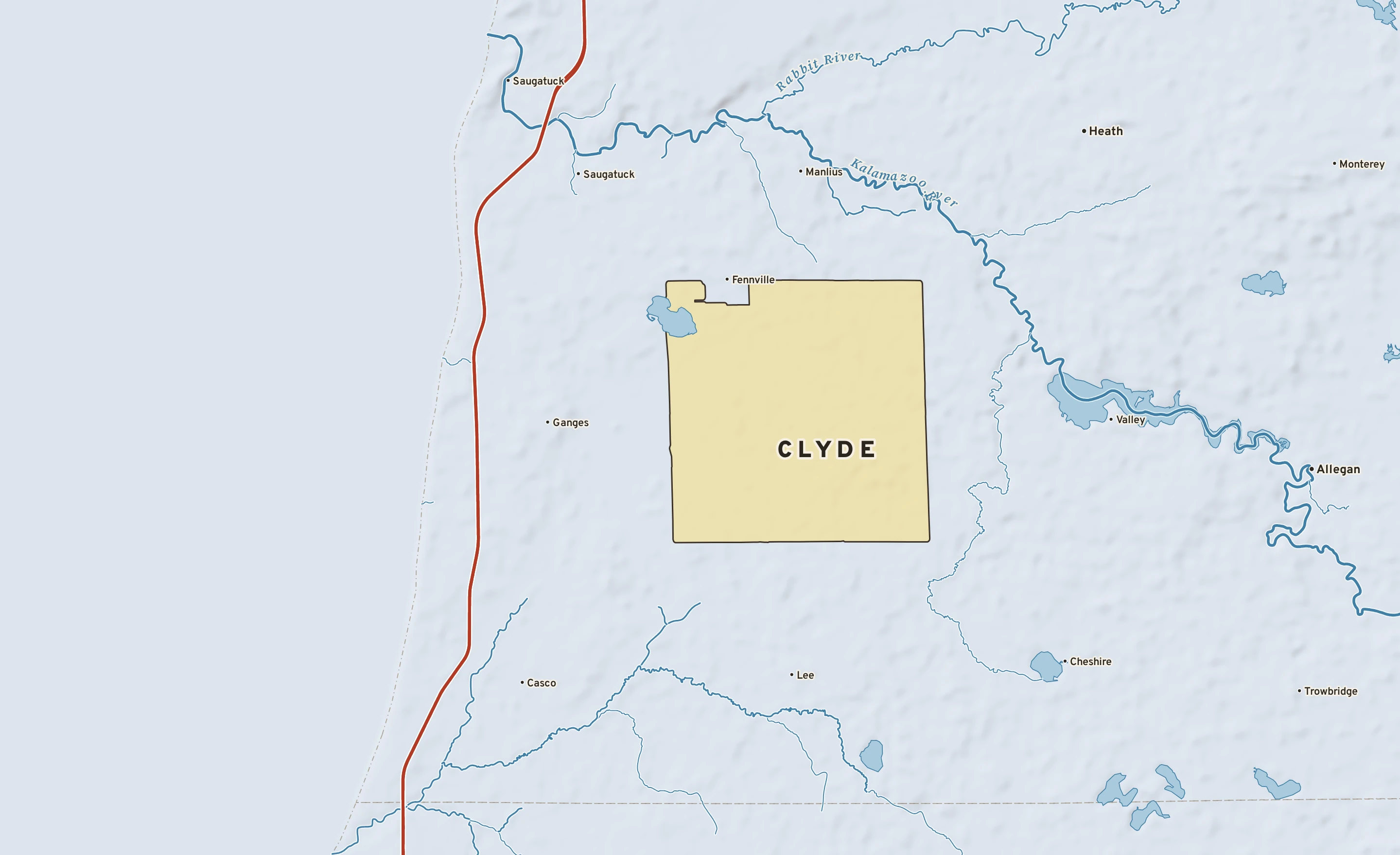 Shaded-relief atlas plate of Clyde, Michigan: rivers, roads, the city limits and where the water drains.