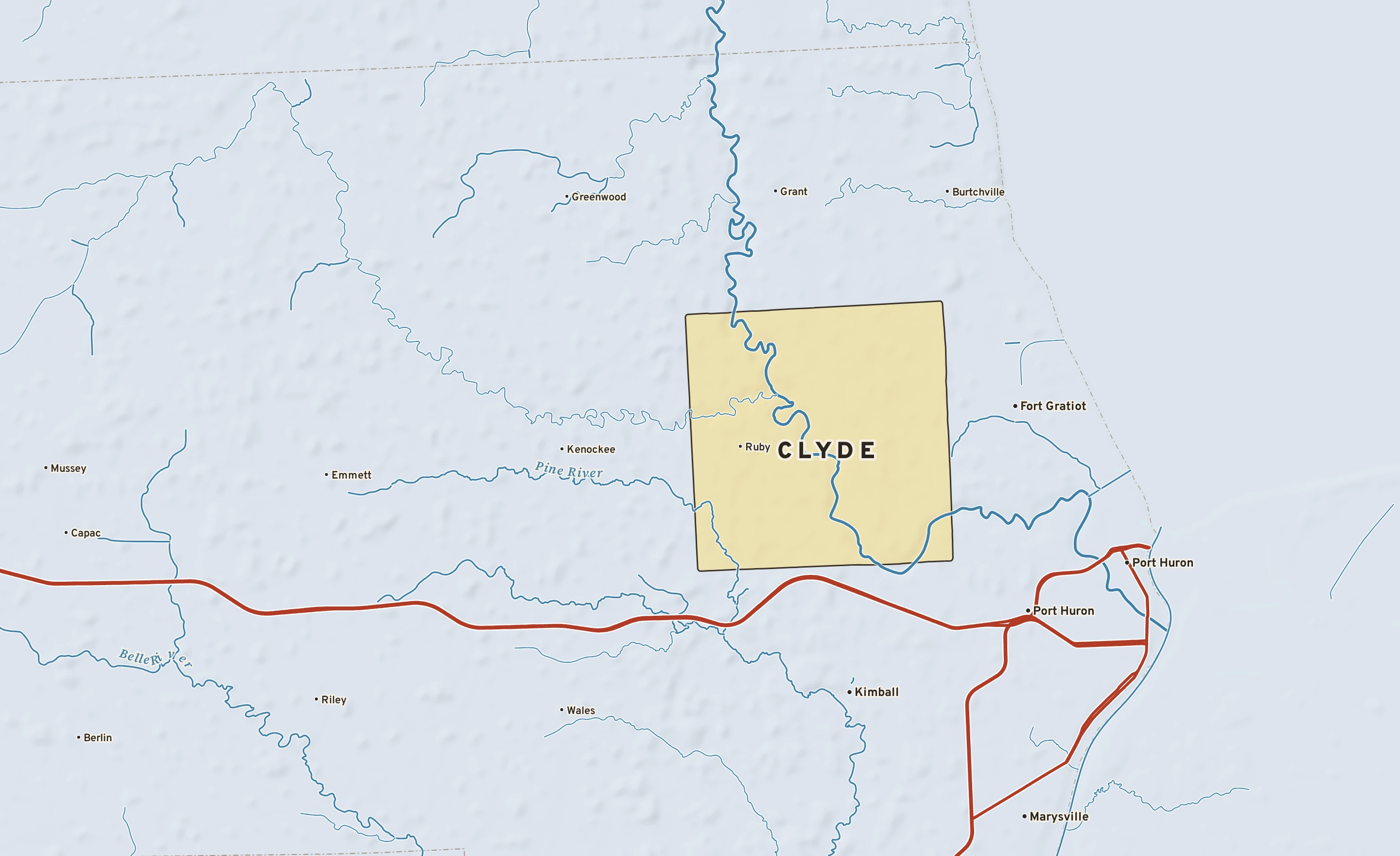 Shaded-relief atlas plate of Clyde, Michigan: rivers, roads, the city limits and where the water drains.