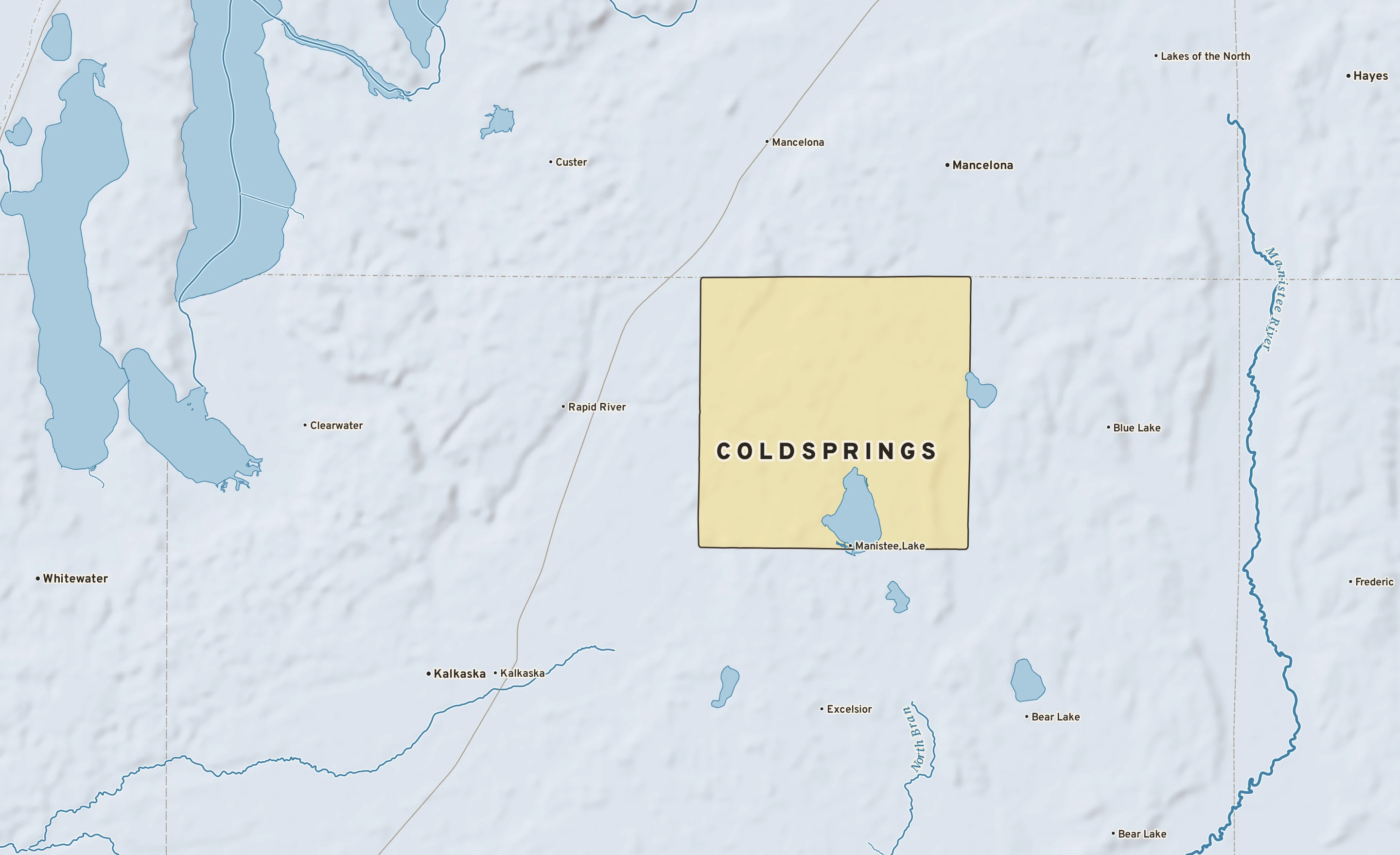 Shaded-relief atlas plate of Coldsprings, Michigan: rivers, roads, the city limits and where the water drains.