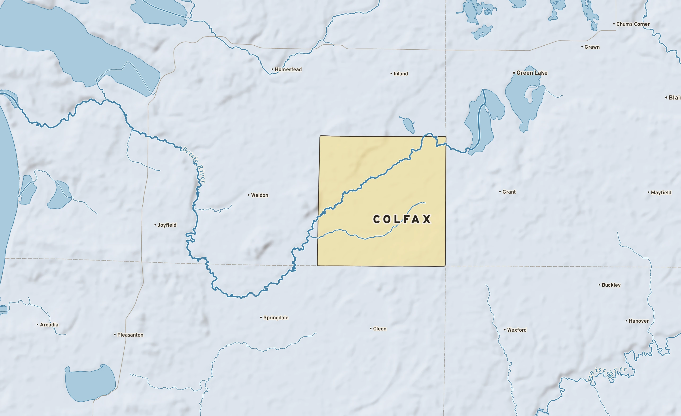 Shaded-relief atlas plate of Colfax, Michigan: rivers, roads, the city limits and where the water drains.