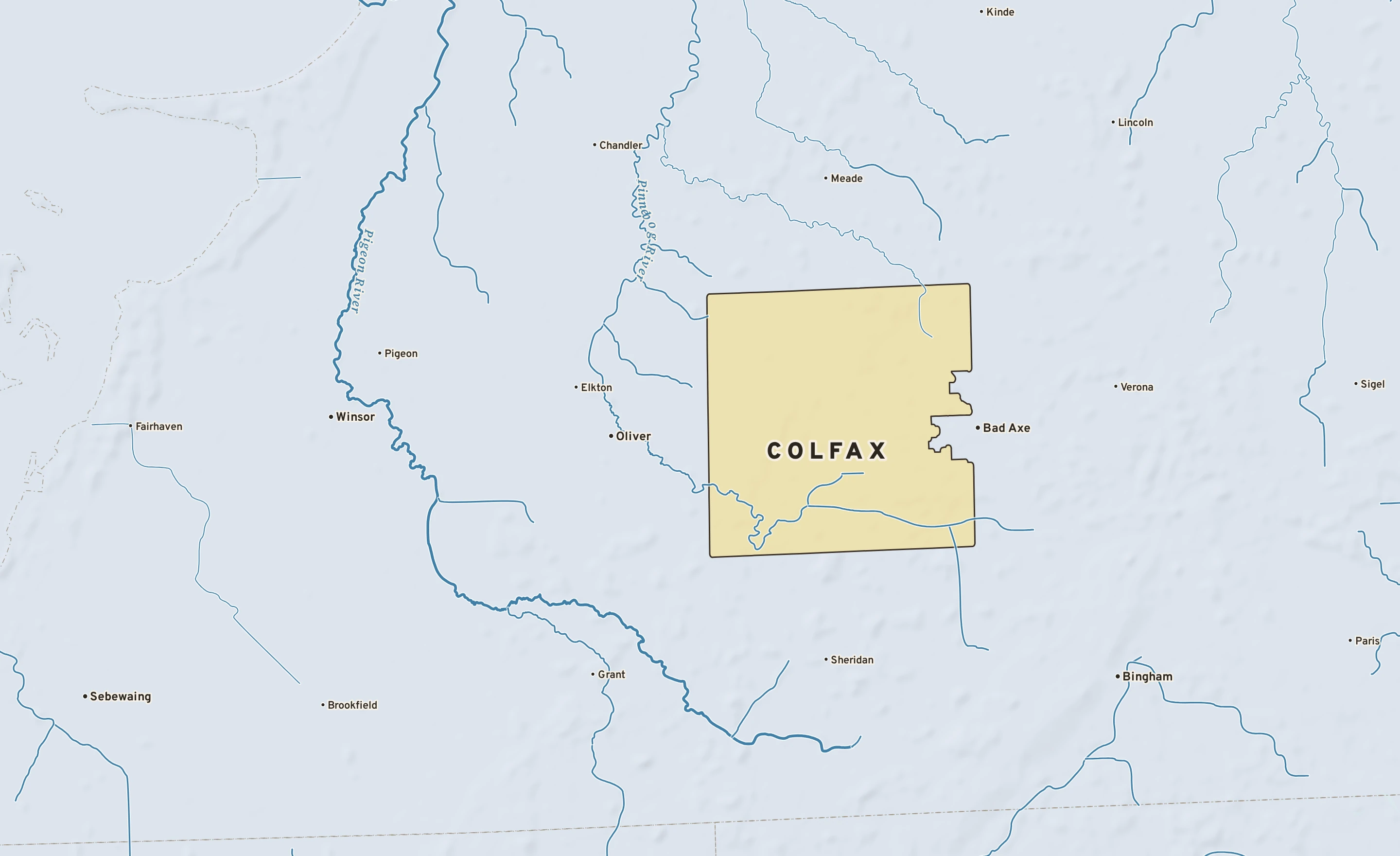 Shaded-relief atlas plate of Colfax, Michigan: rivers, roads, the city limits and where the water drains.
