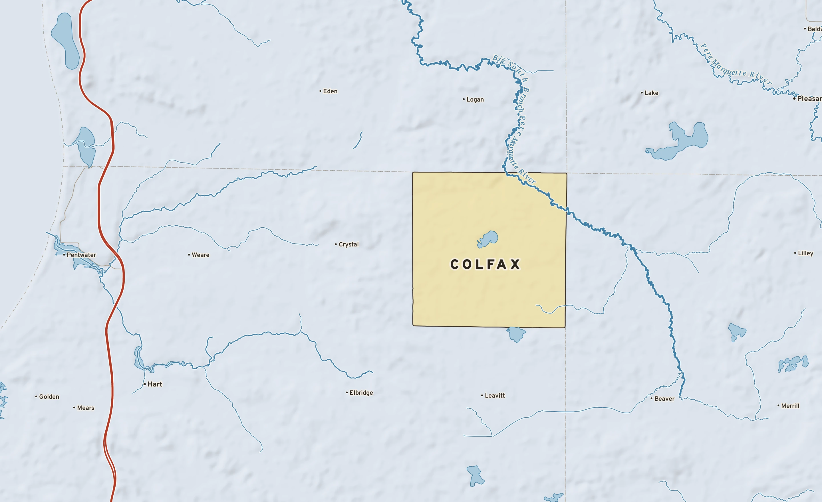 Shaded-relief atlas plate of Colfax, Michigan: rivers, roads, the city limits and where the water drains.