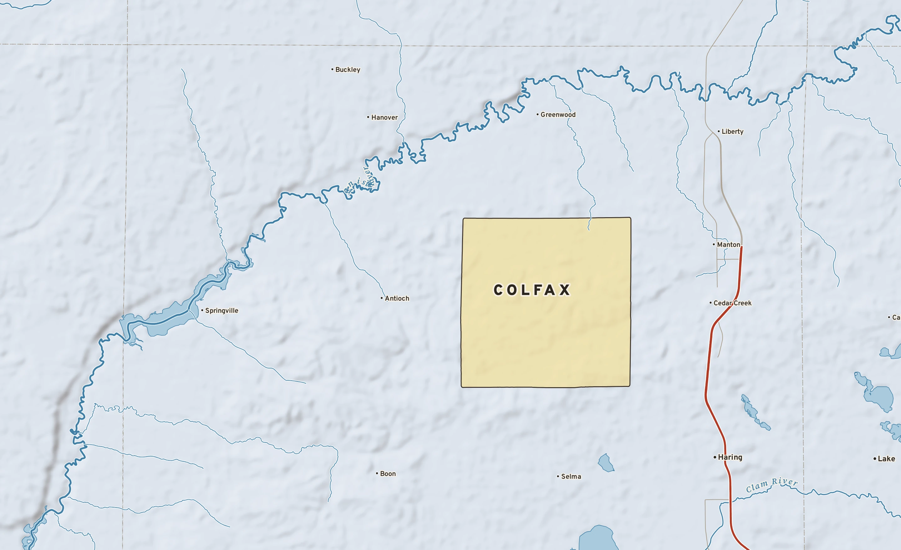 Shaded-relief atlas plate of Colfax, Michigan: rivers, roads, the city limits and where the water drains.