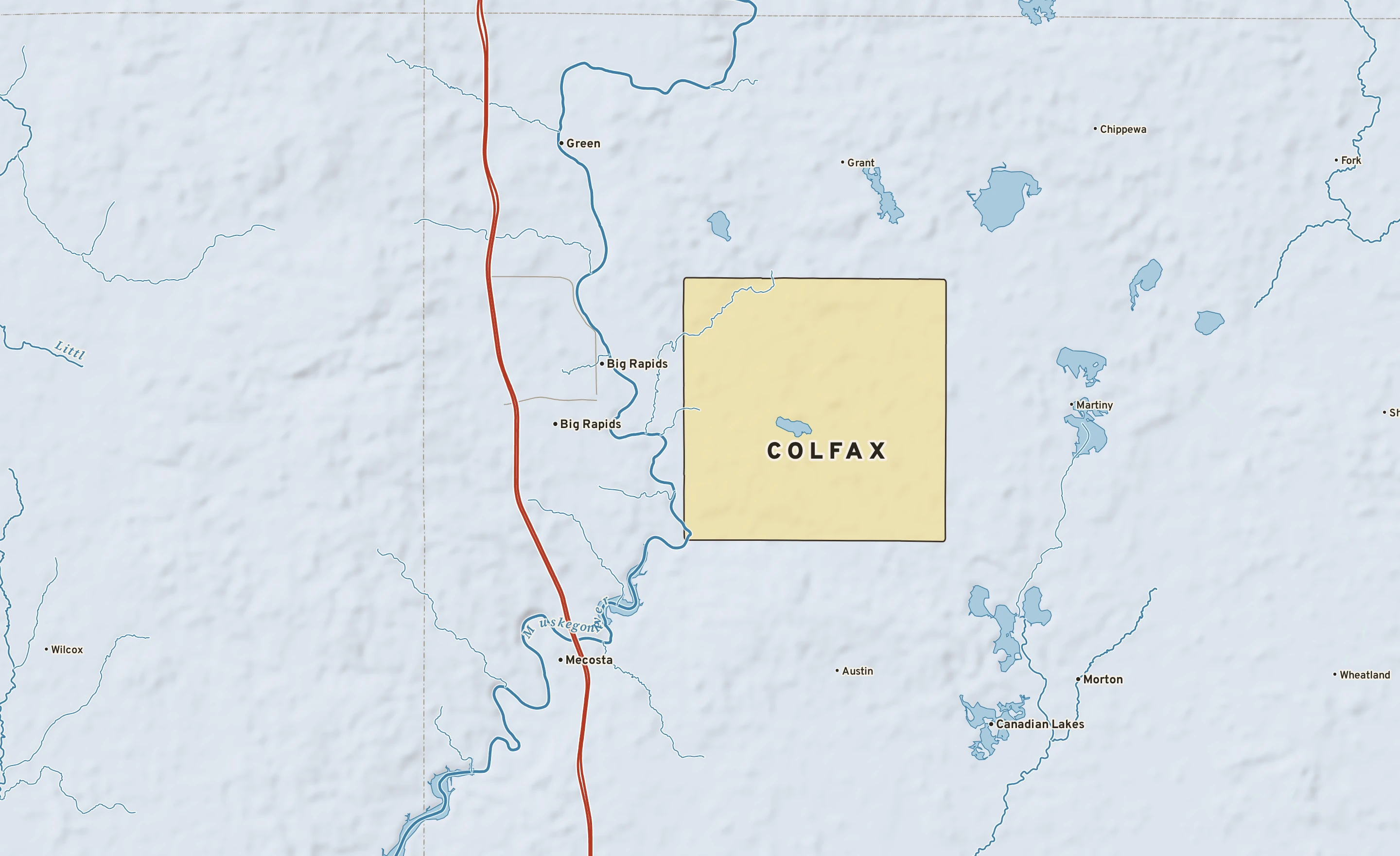 Shaded-relief atlas plate of Colfax, Michigan: rivers, roads, the city limits and where the water drains.