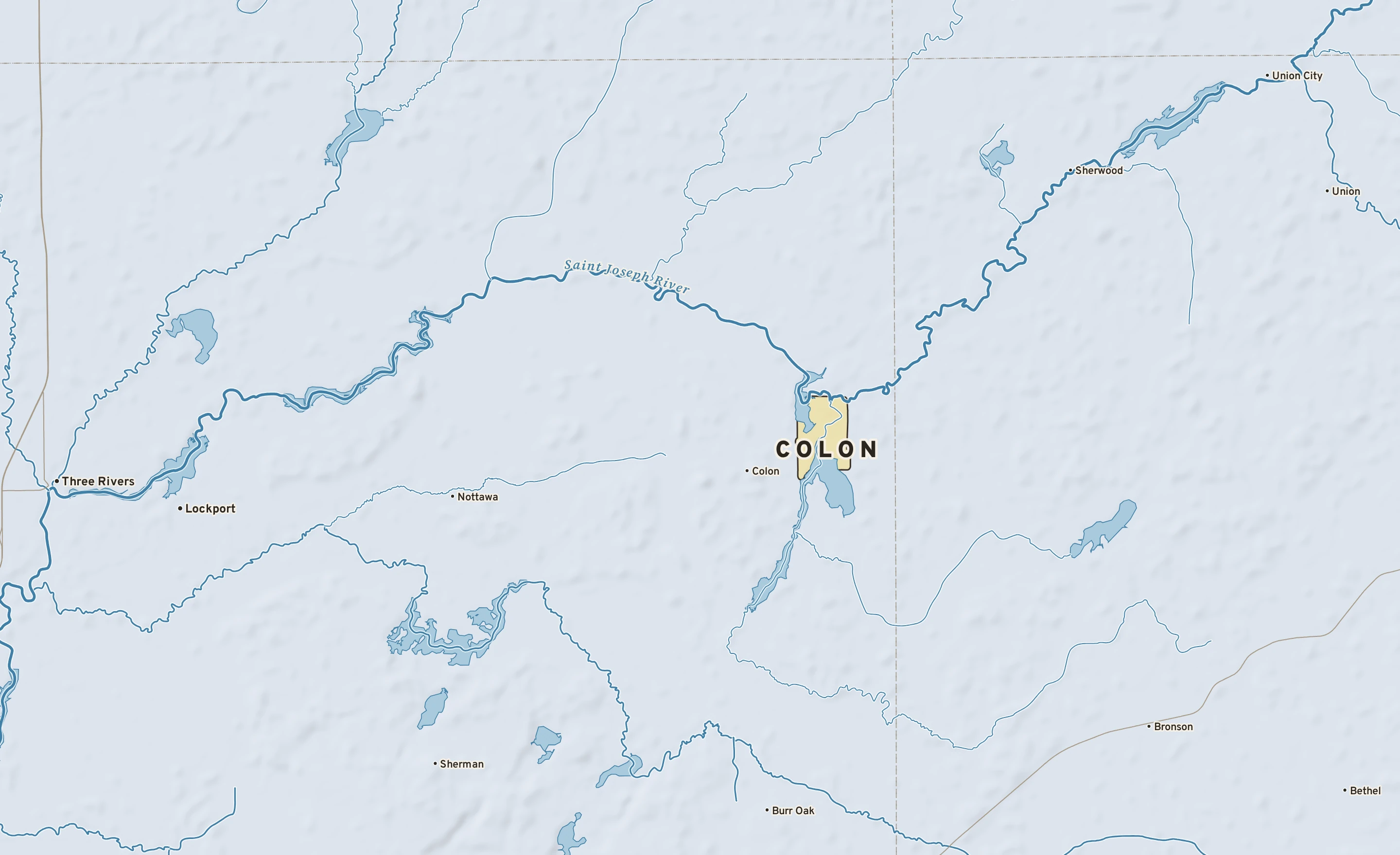 Shaded-relief atlas plate of Colon, Michigan: rivers, roads, the city limits and where the water drains.
