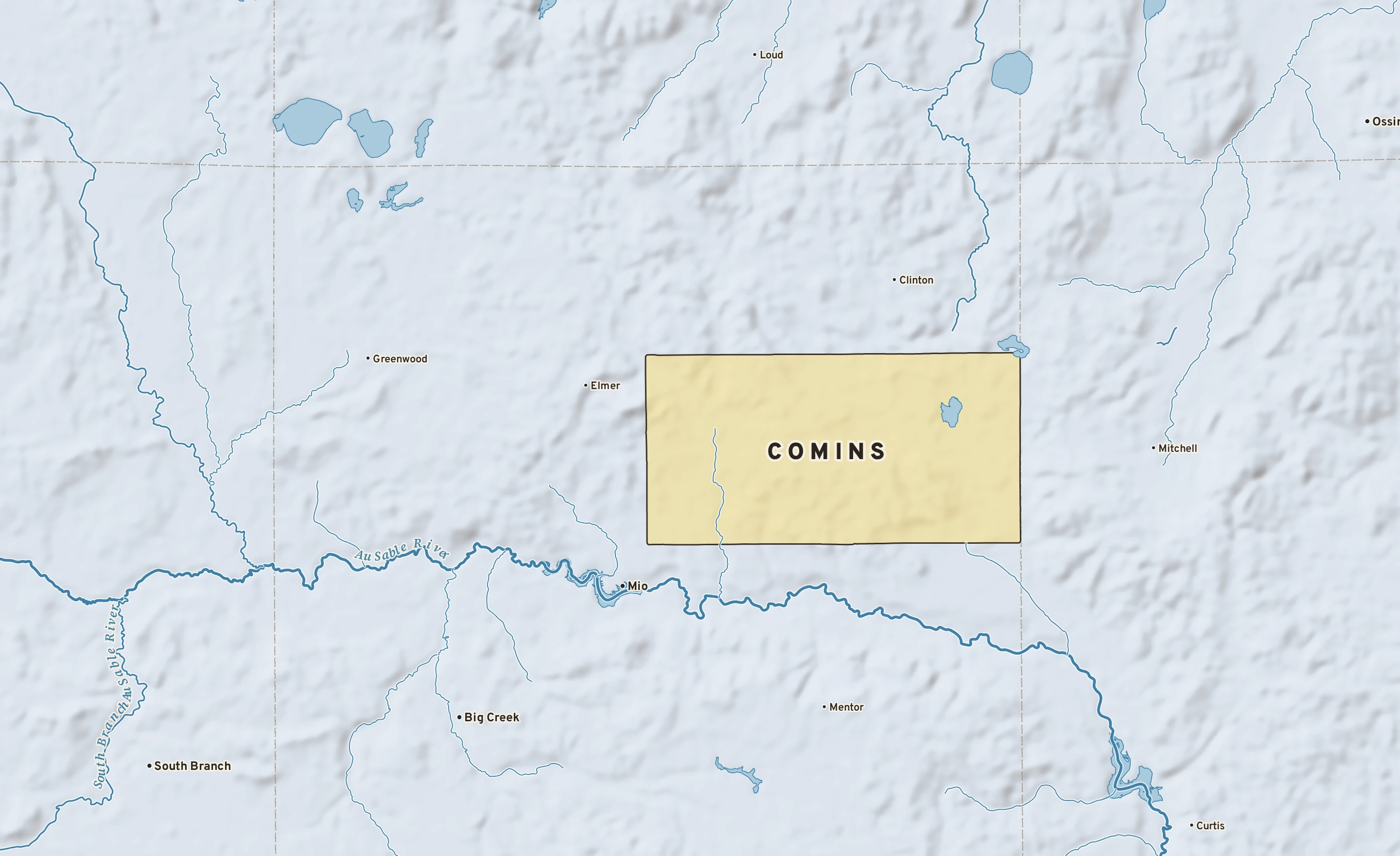 Shaded-relief atlas plate of Comins, Michigan: rivers, roads, the city limits and where the water drains.