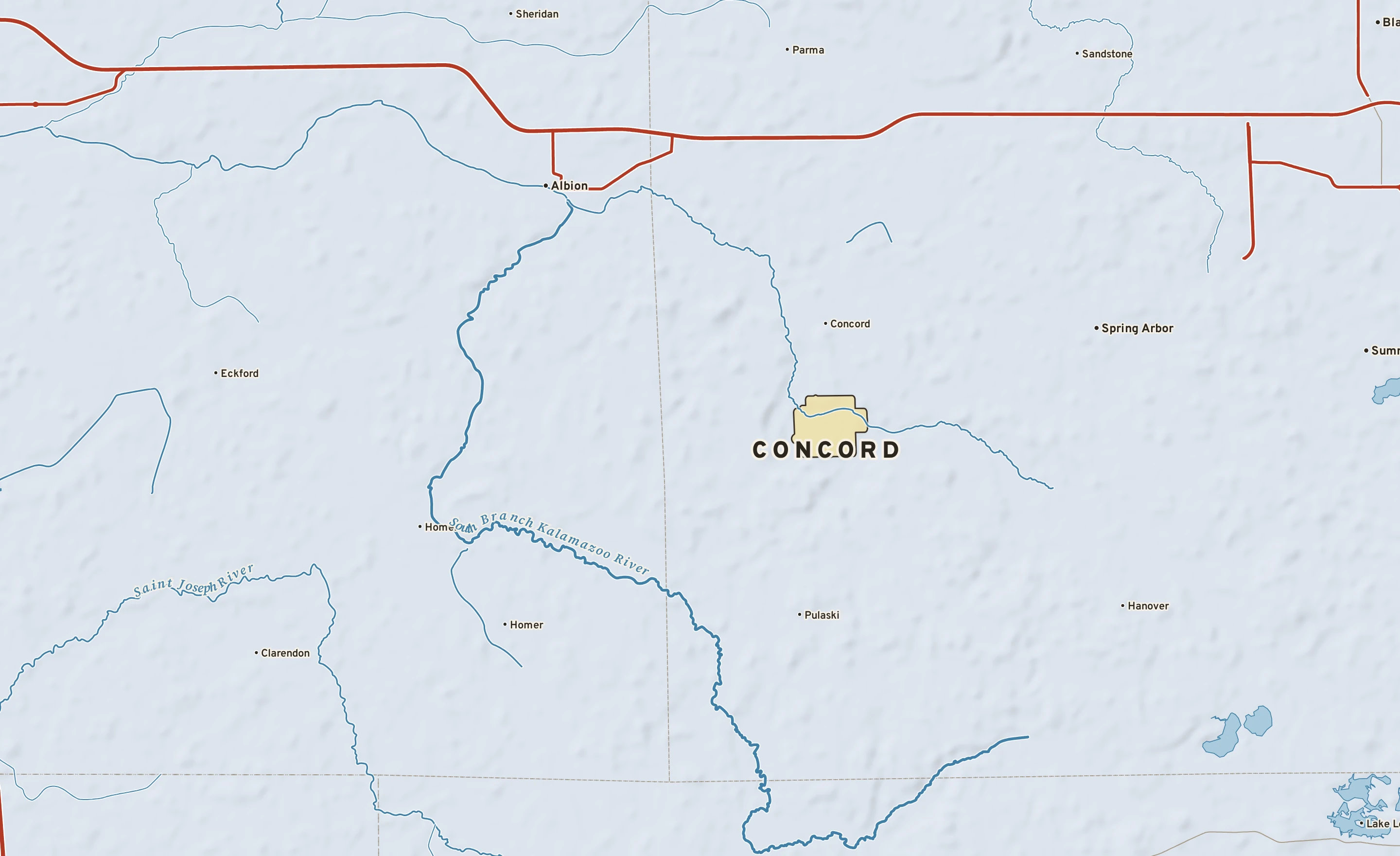 Shaded-relief atlas plate of Concord, Michigan: rivers, roads, the city limits and where the water drains.