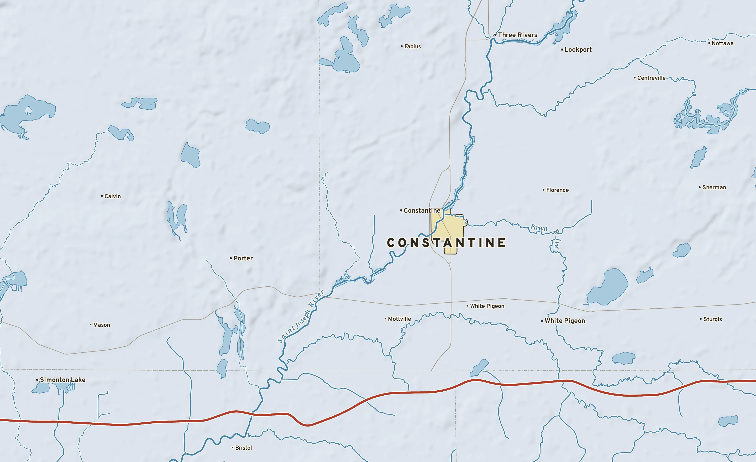Shaded-relief atlas plate of Constantine, Michigan: rivers, roads, the city limits and where the water drains.