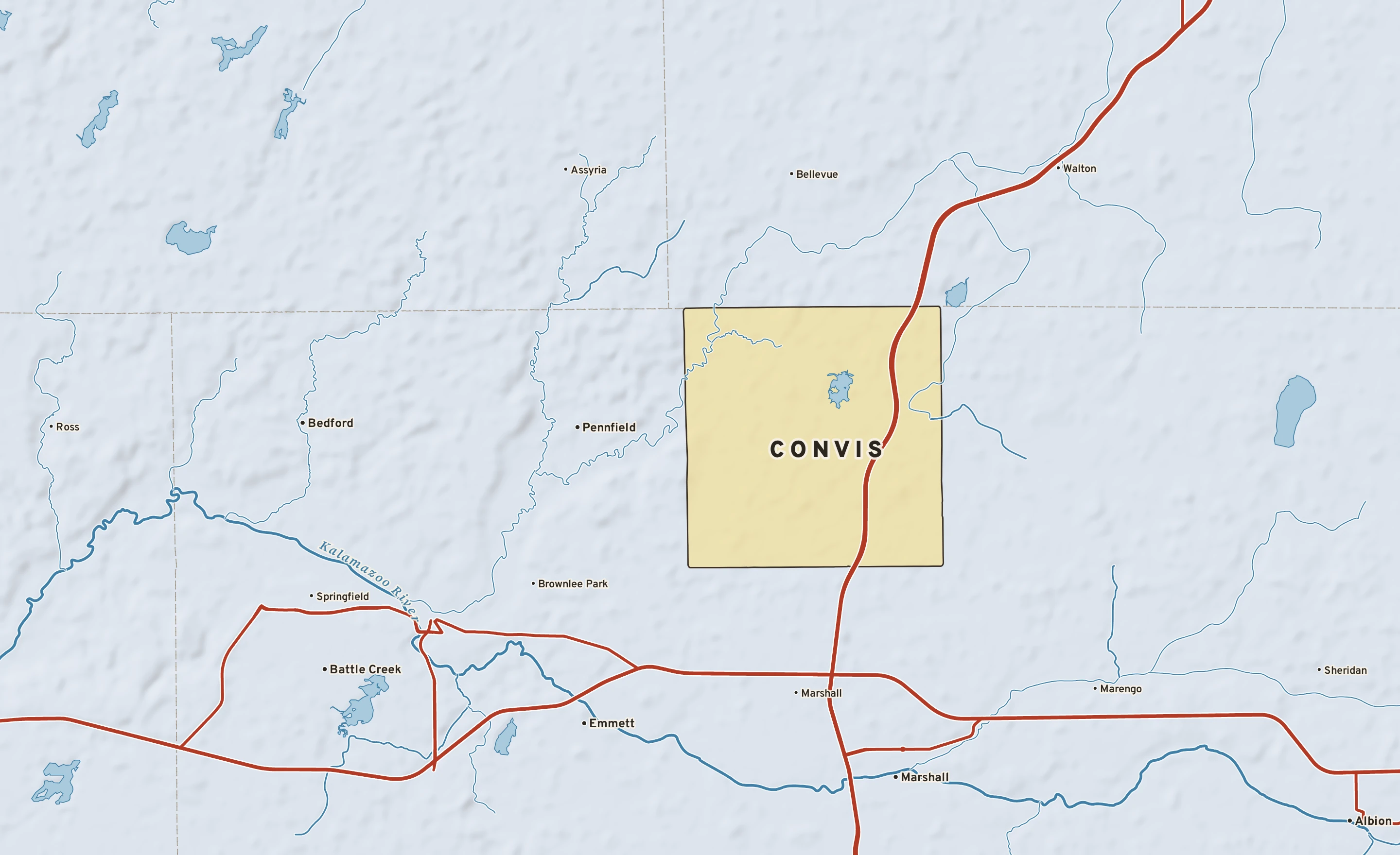 Shaded-relief atlas plate of Convis, Michigan: rivers, roads, the city limits and where the water drains.