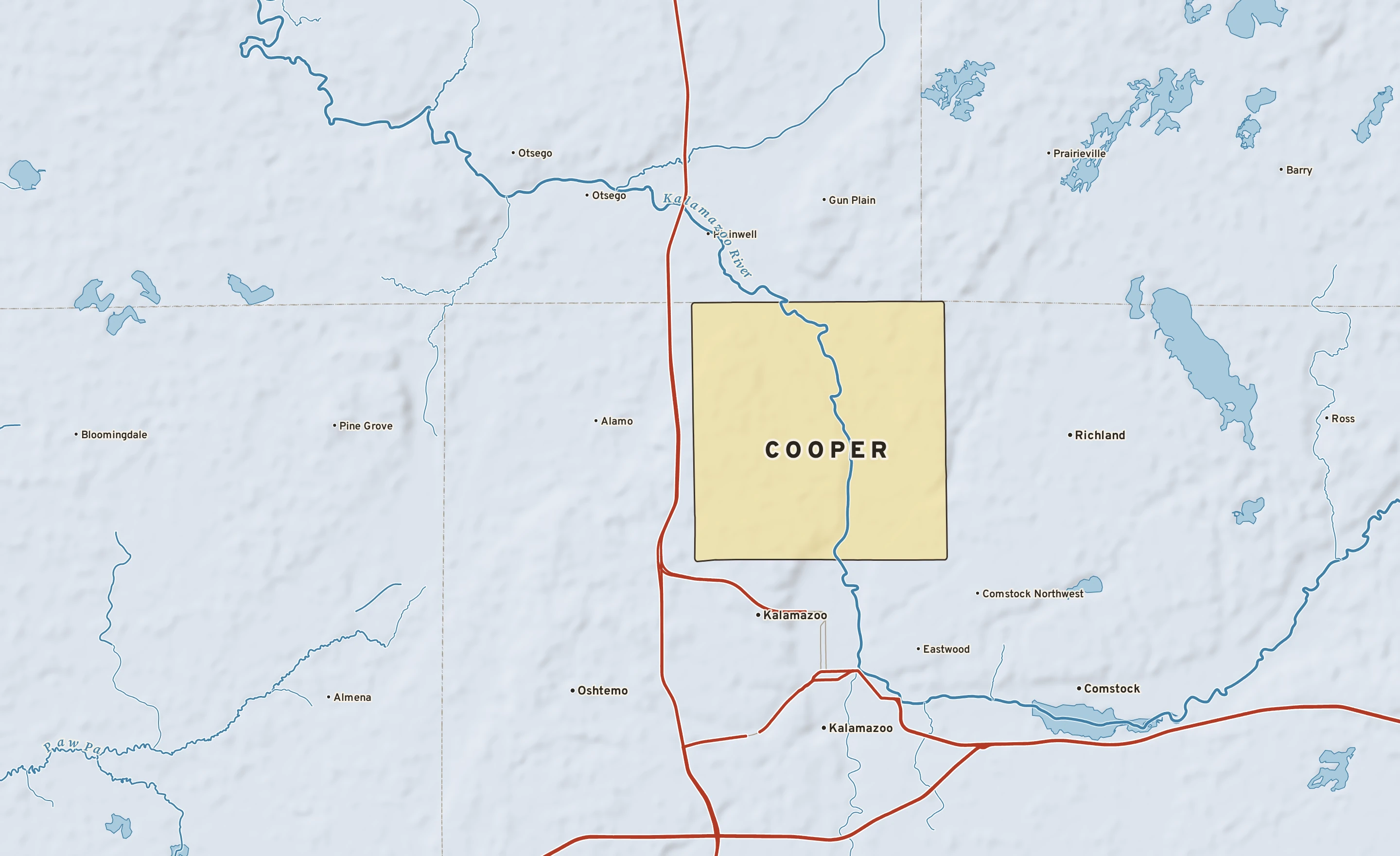 Shaded-relief atlas plate of Cooper, Michigan: rivers, roads, the city limits and where the water drains.