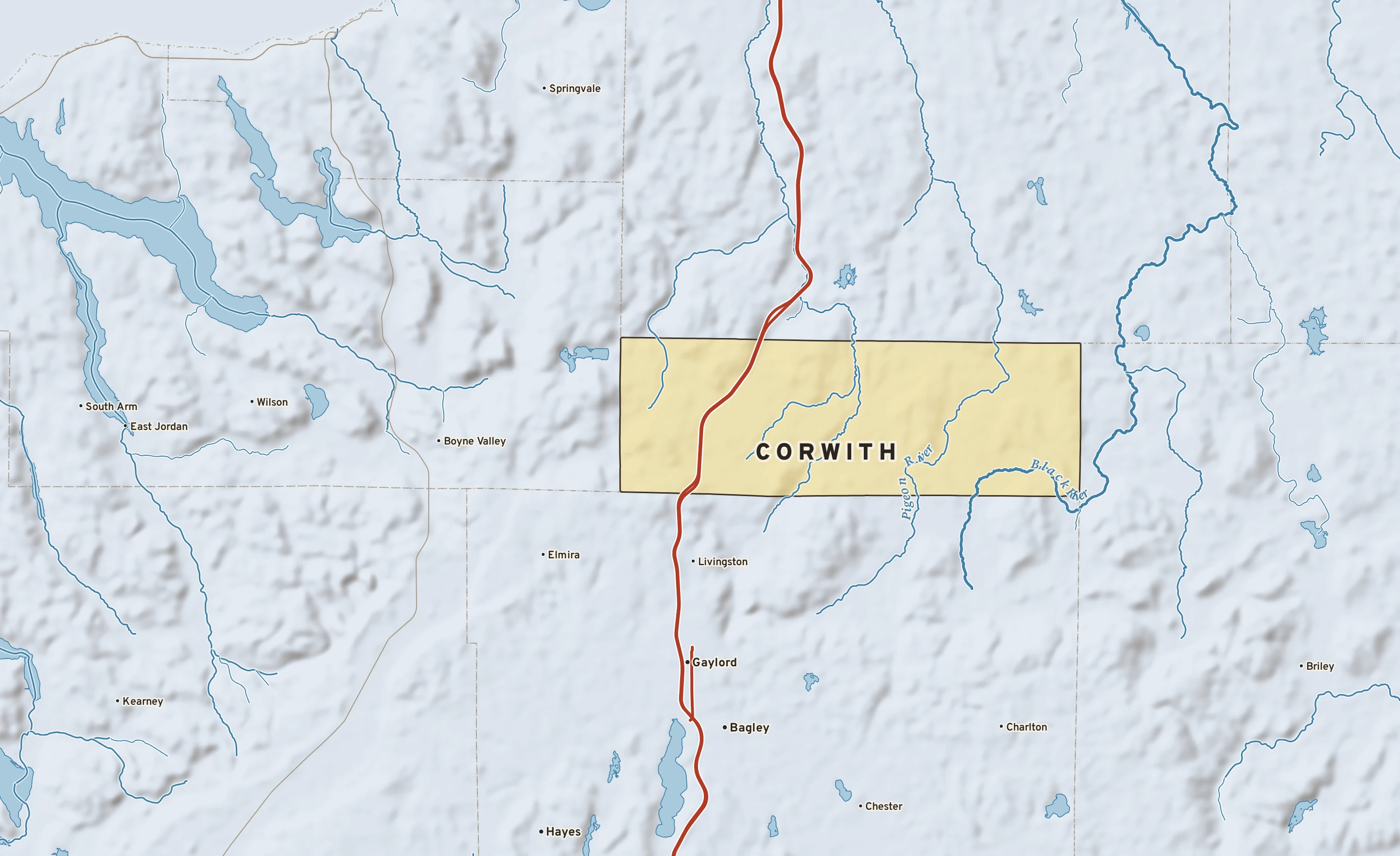 Shaded-relief atlas plate of Corwith, Michigan: rivers, roads, the city limits and where the water drains.