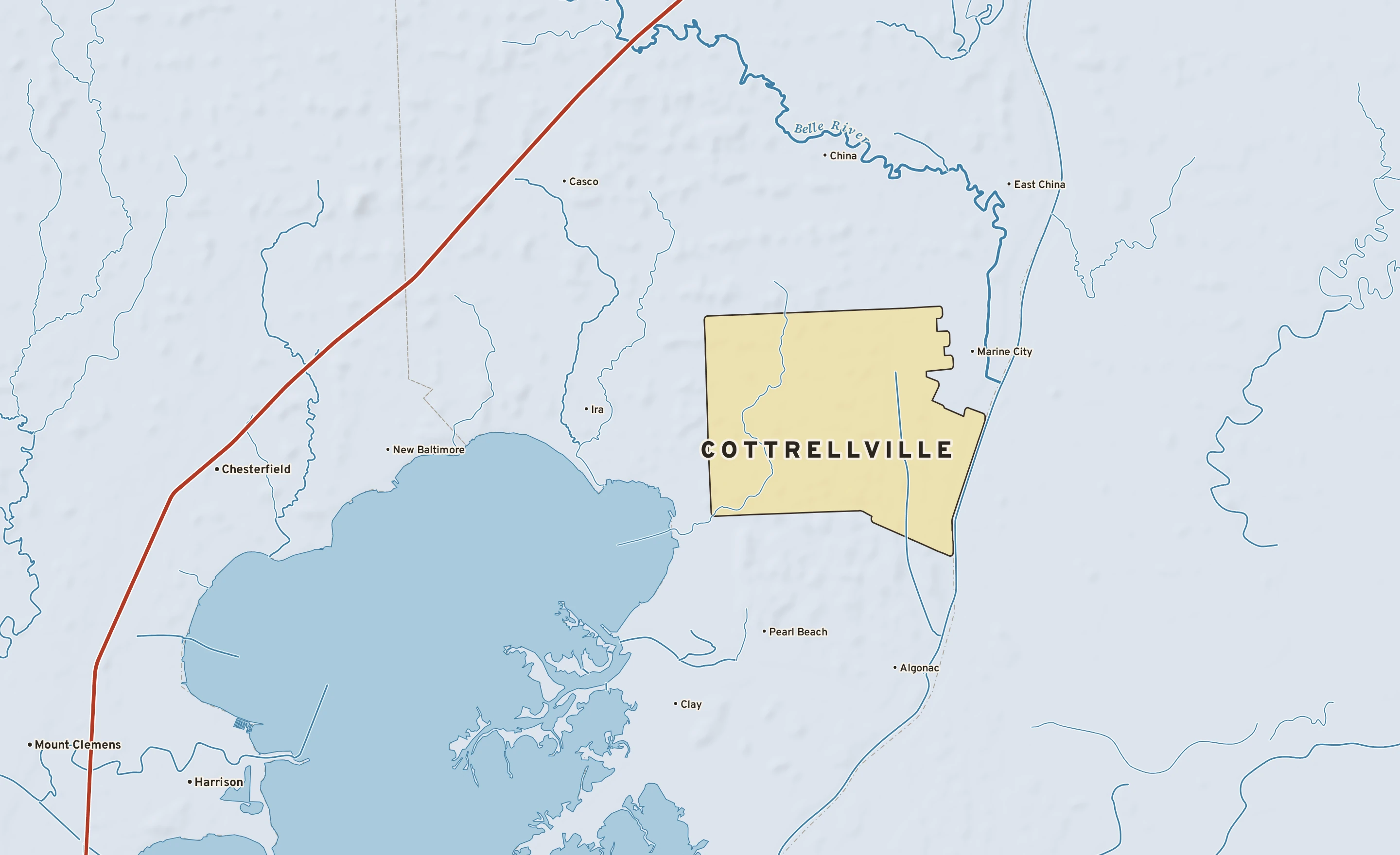 Shaded-relief atlas plate of Cottrellville, Michigan: rivers, roads, the city limits and where the water drains.