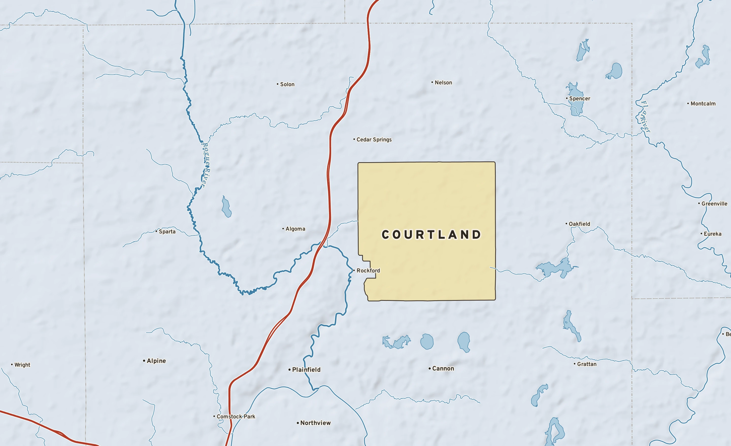 Shaded-relief atlas plate of Courtland, Michigan: rivers, roads, the city limits and where the water drains.