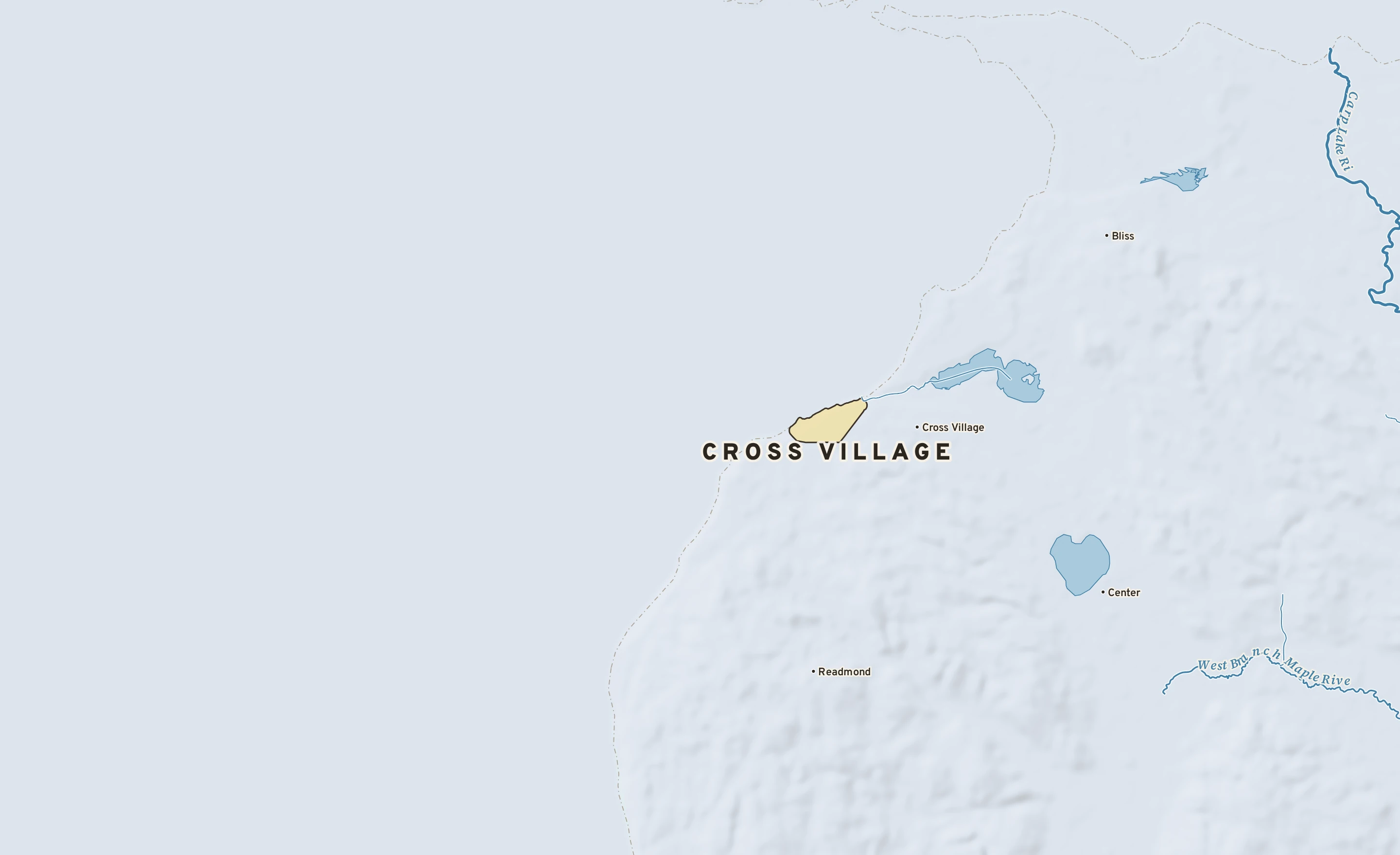 Shaded-relief atlas plate of Cross Village, Michigan: rivers, roads, the city limits and where the water drains.