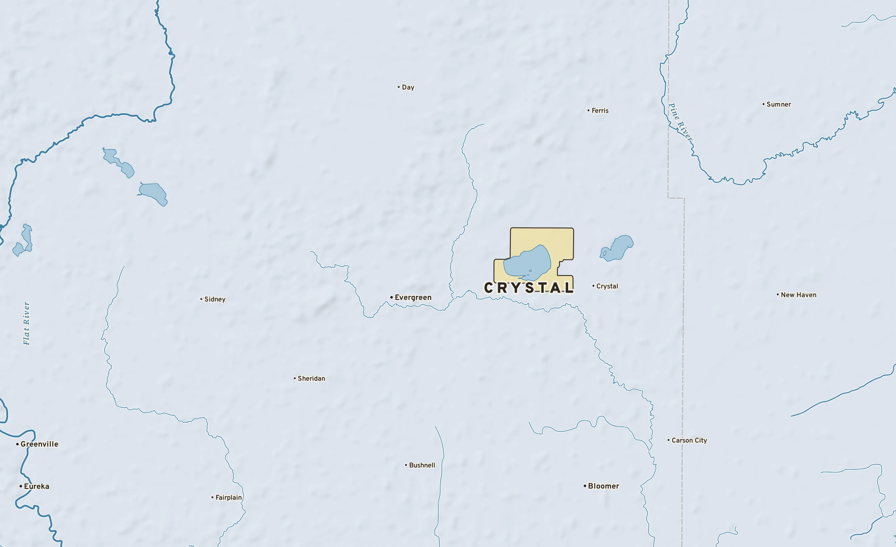 Shaded-relief atlas plate of Crystal, Michigan: rivers, roads, the city limits and where the water drains.