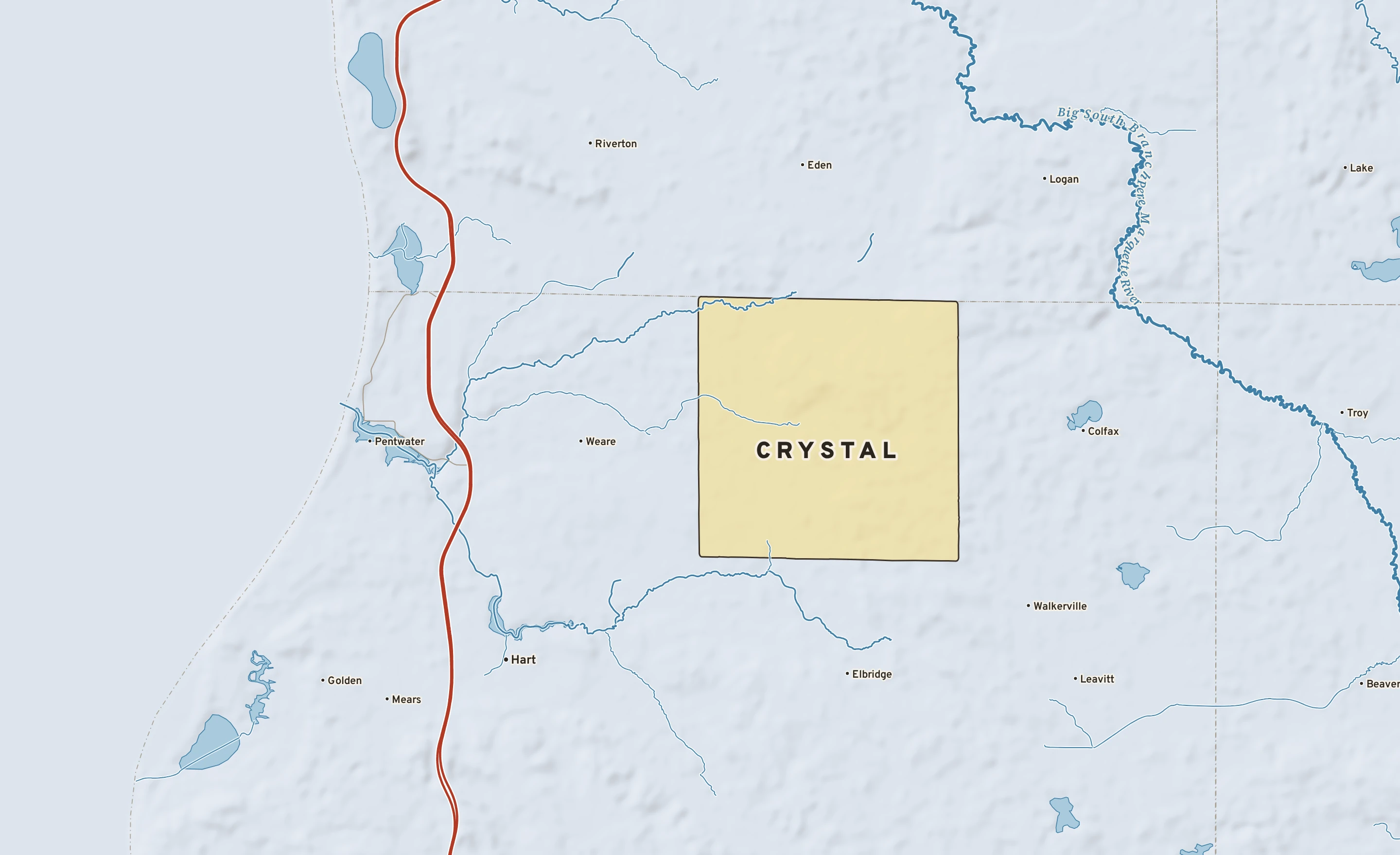 Shaded-relief atlas plate of Crystal, Michigan: rivers, roads, the city limits and where the water drains.