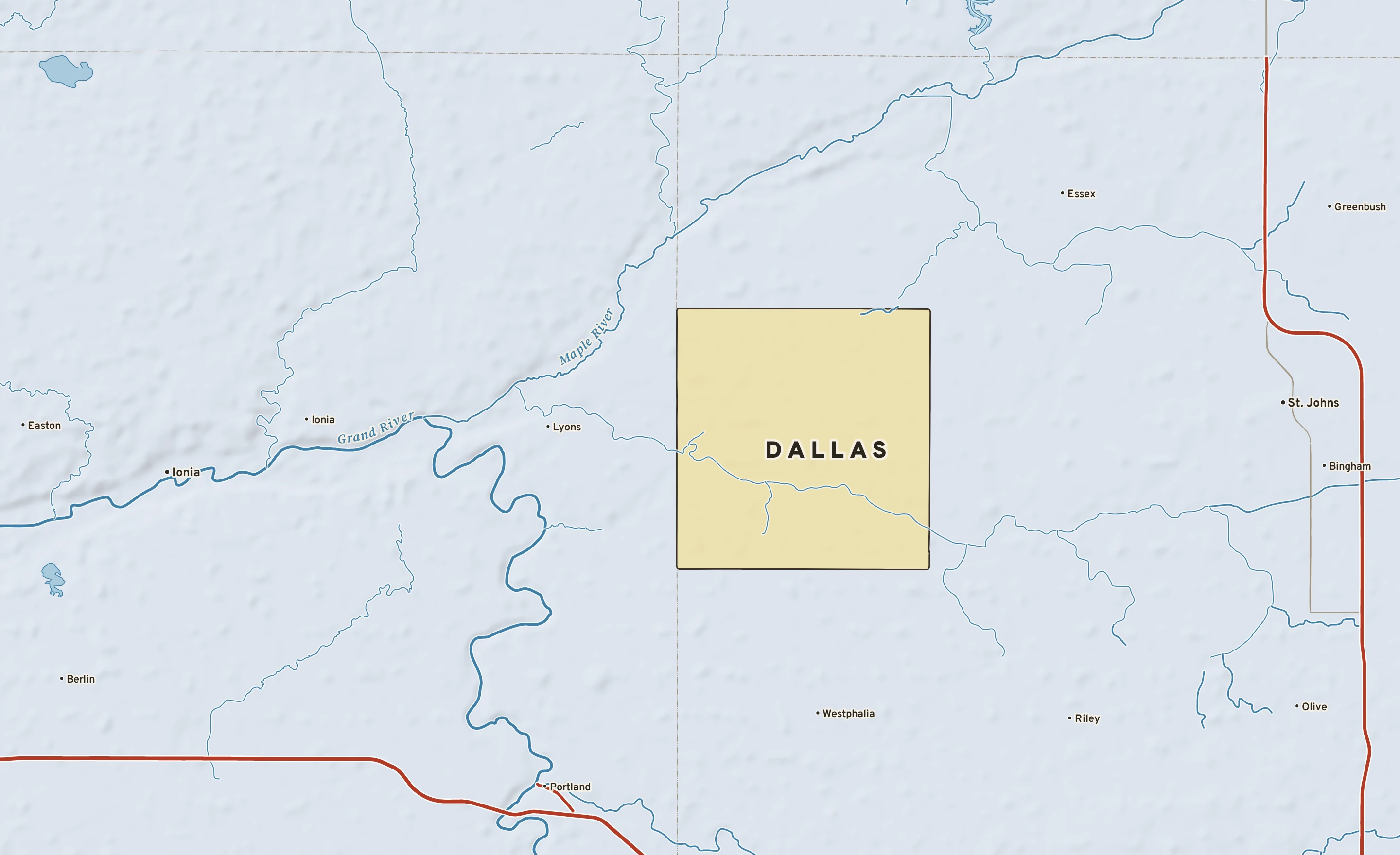 Shaded-relief atlas plate of Dallas, Michigan: rivers, roads, the city limits and where the water drains.