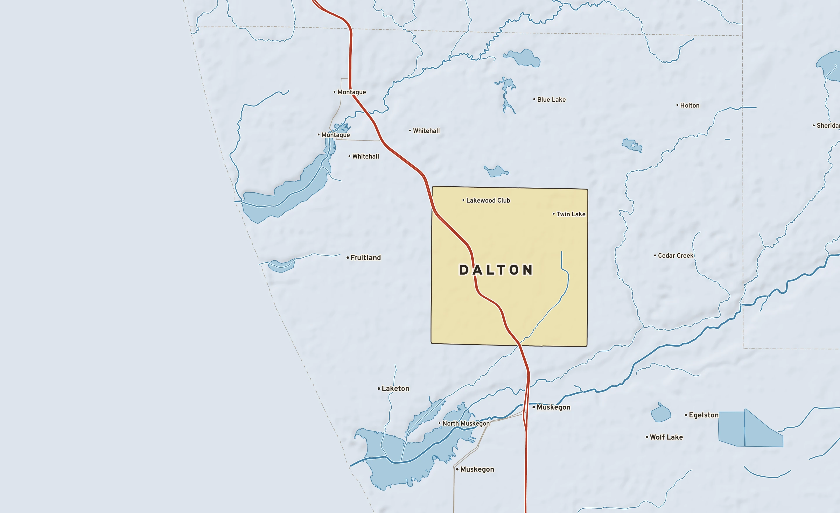 Shaded-relief atlas plate of Dalton, Michigan: rivers, roads, the city limits and where the water drains.