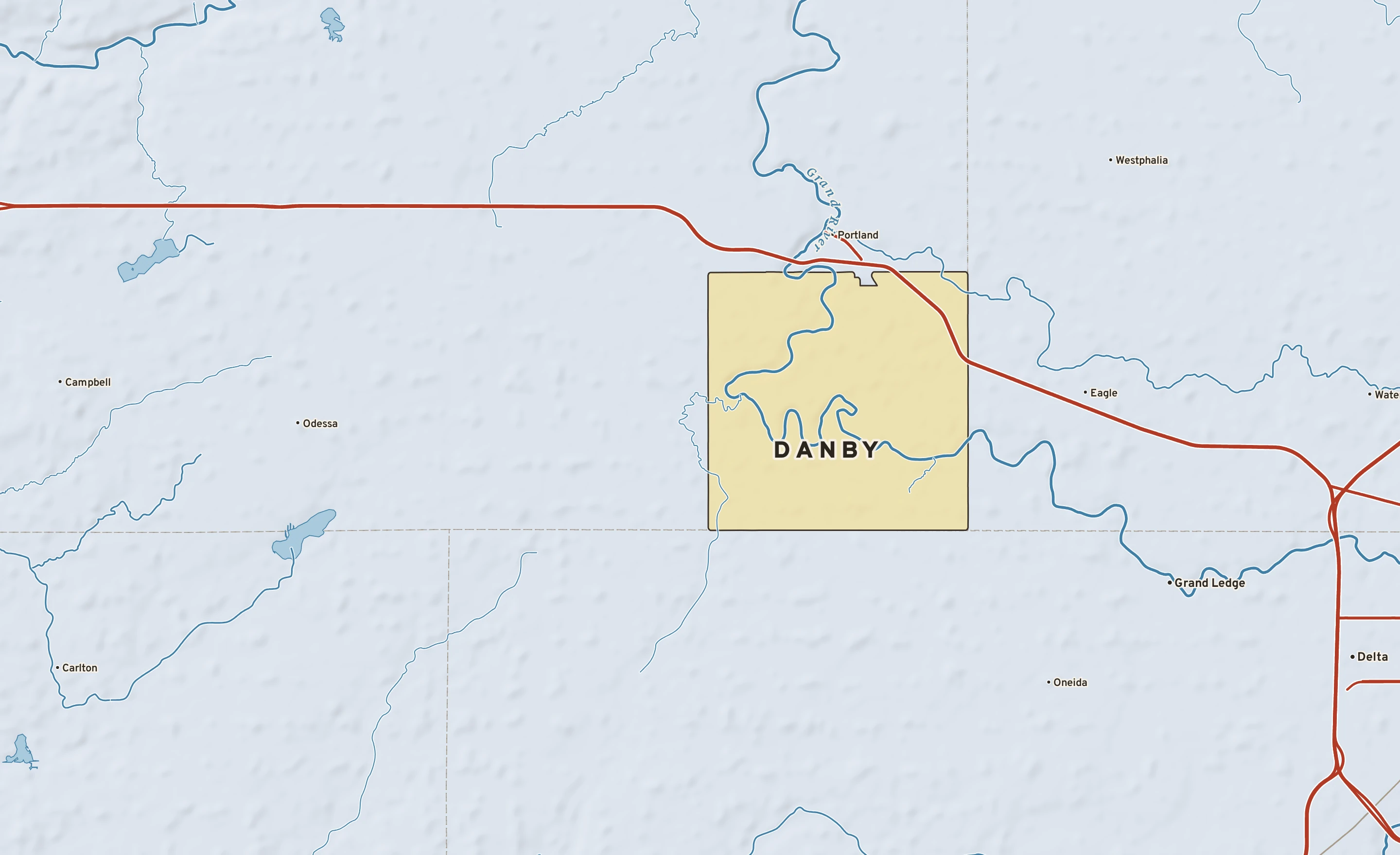 Shaded-relief atlas plate of Danby, Michigan: rivers, roads, the city limits and where the water drains.