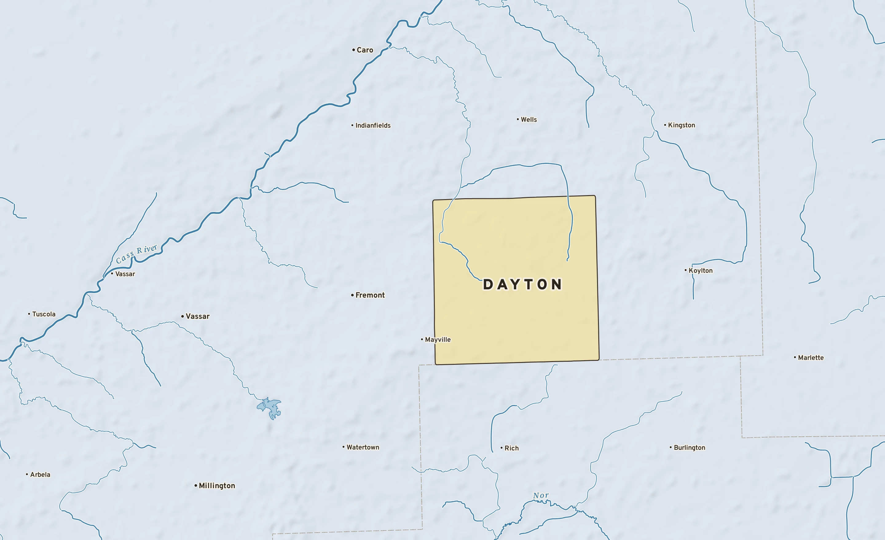 Shaded-relief atlas plate of Dayton, Michigan: rivers, roads, the city limits and where the water drains.