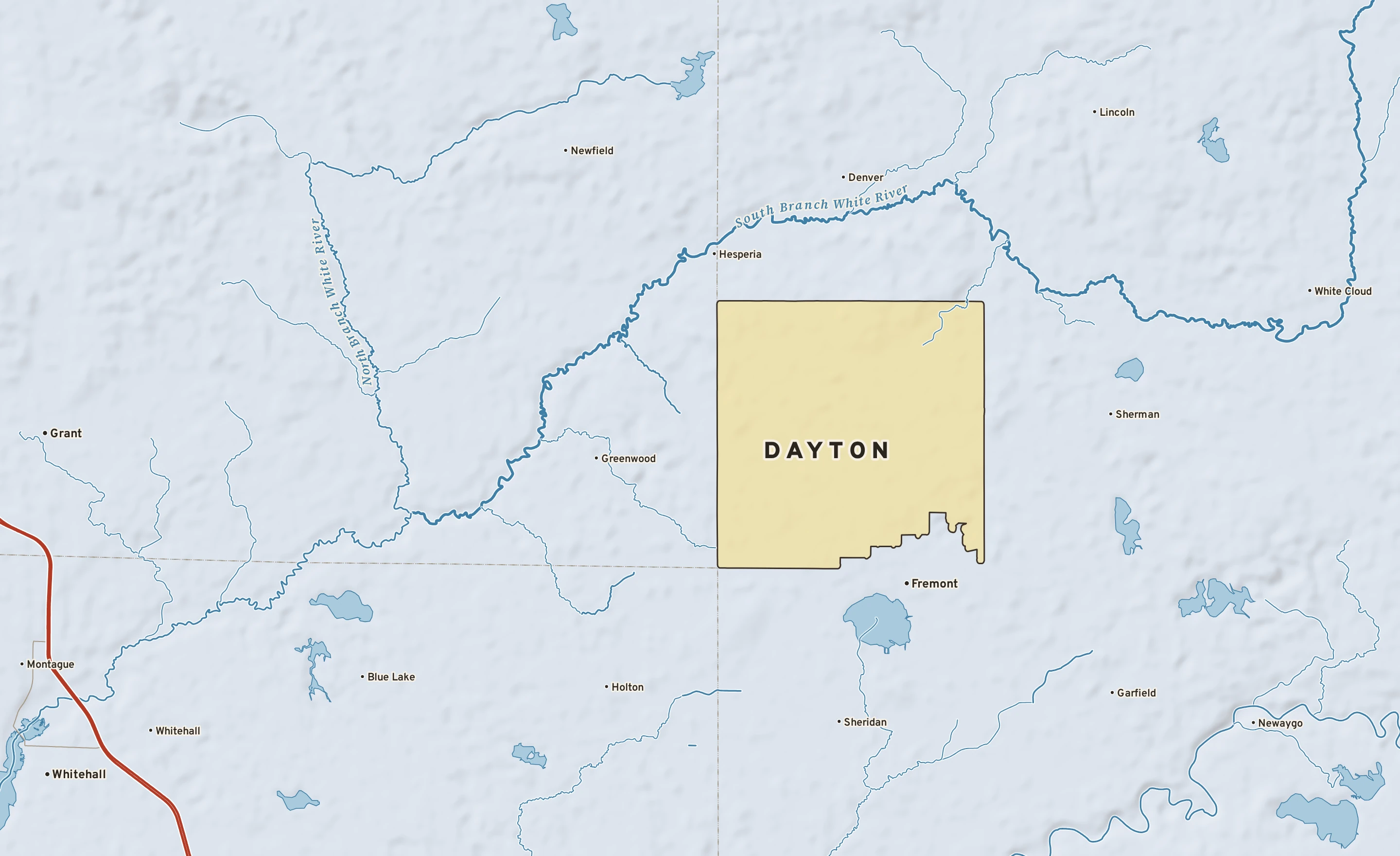 Shaded-relief atlas plate of Dayton, Michigan: rivers, roads, the city limits and where the water drains.
