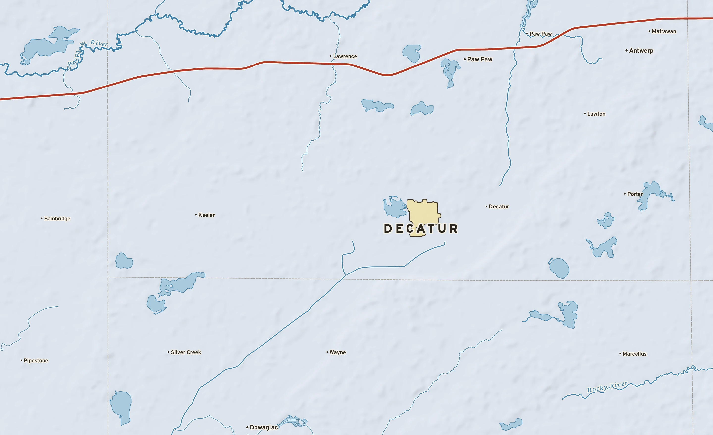 Shaded-relief atlas plate of Decatur, Michigan: rivers, roads, the city limits and where the water drains.