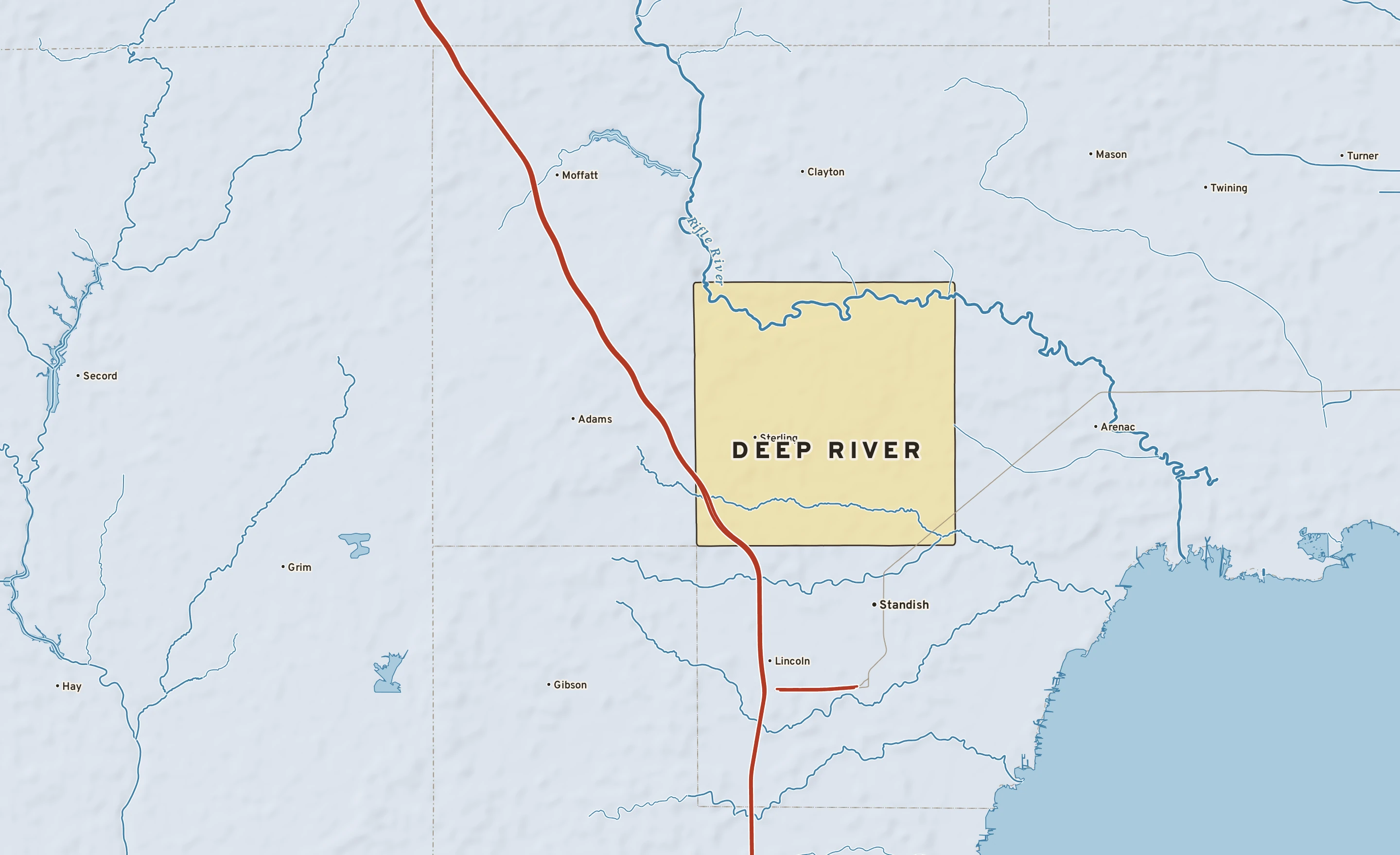 Shaded-relief atlas plate of Deep River, Michigan: rivers, roads, the city limits and where the water drains.