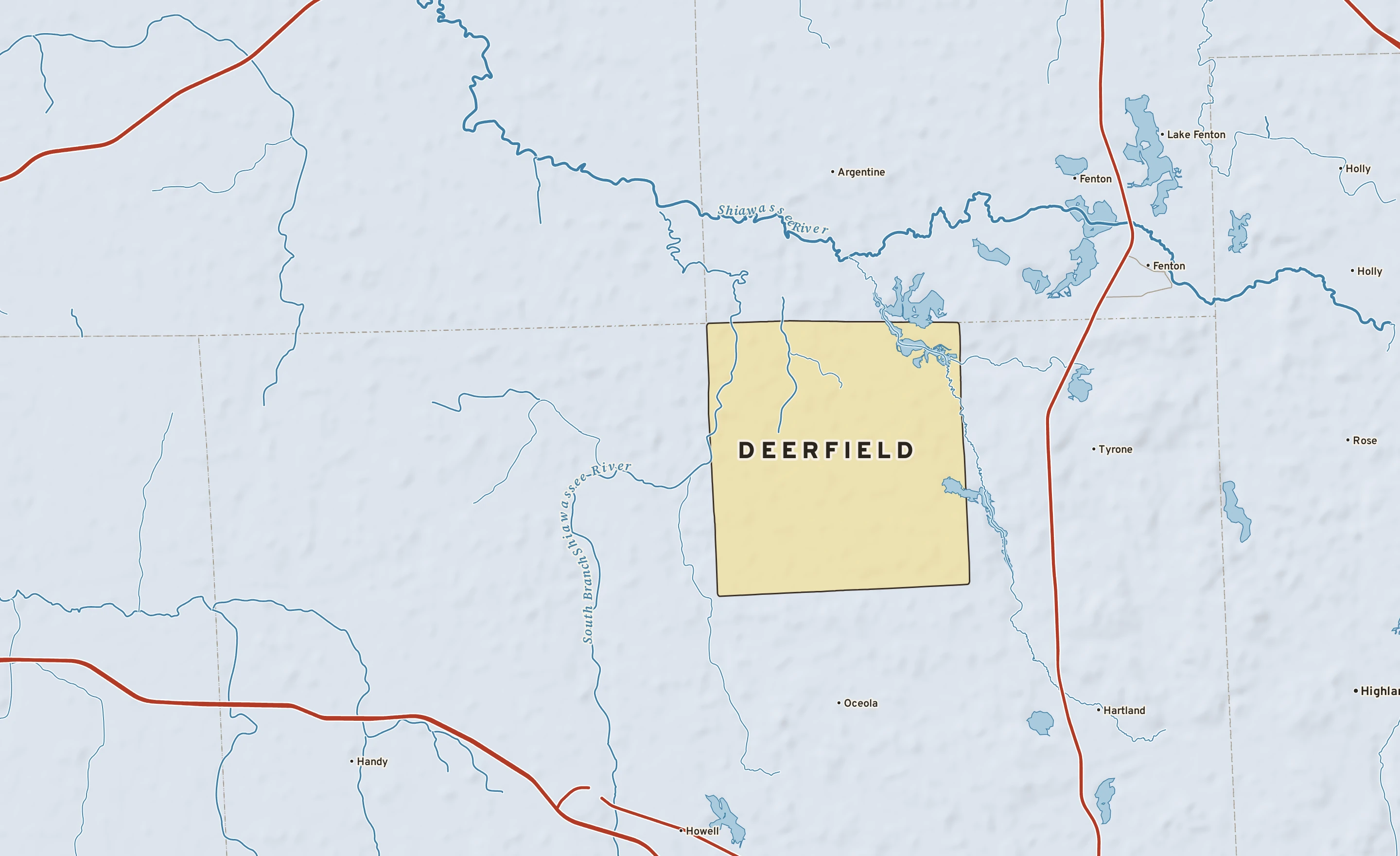 Shaded-relief atlas plate of Deerfield, Michigan: rivers, roads, the city limits and where the water drains.