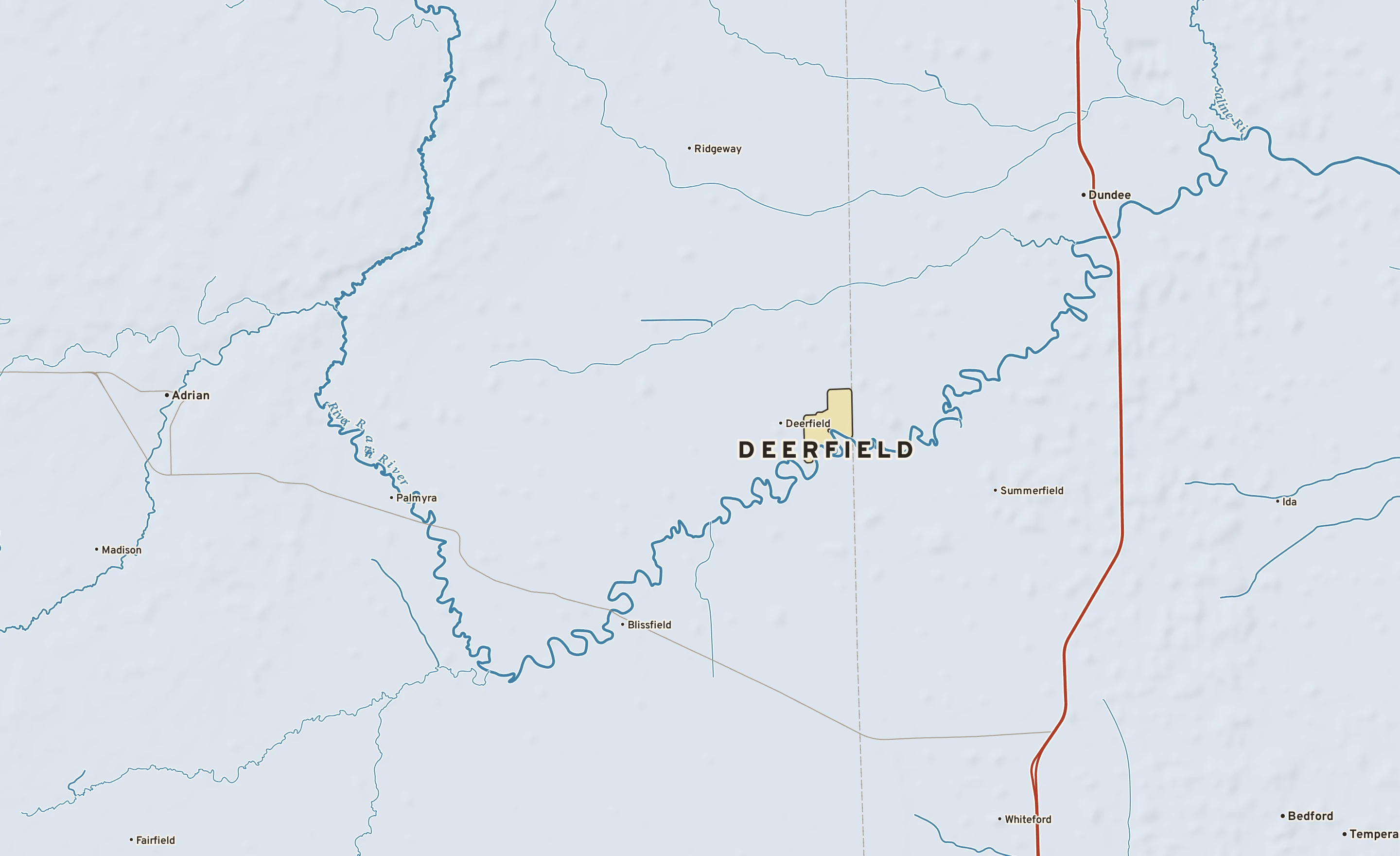 Shaded-relief atlas plate of Deerfield, Michigan: rivers, roads, the city limits and where the water drains.