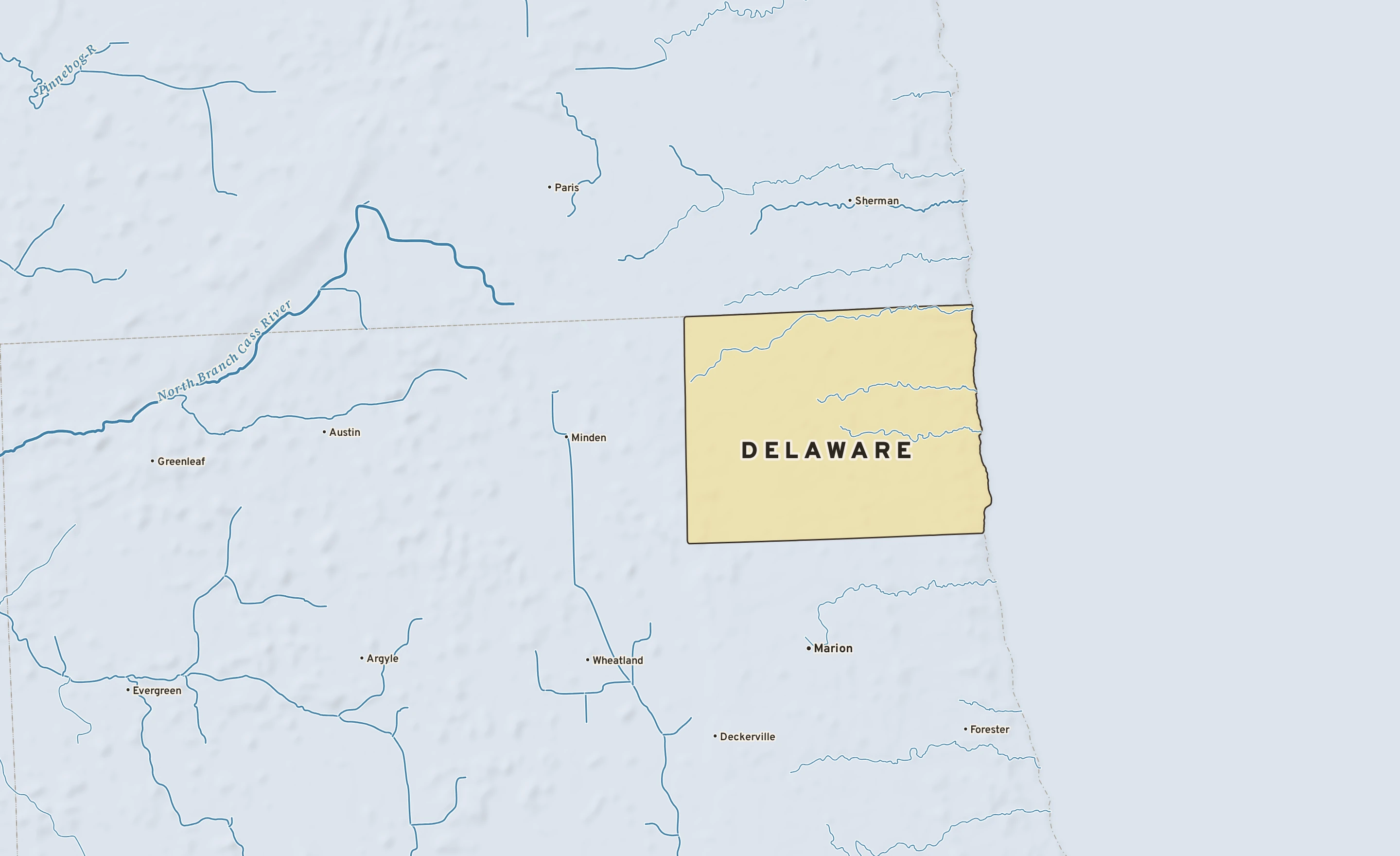 Shaded-relief atlas plate of Delaware, Michigan: rivers, roads, the city limits and where the water drains.