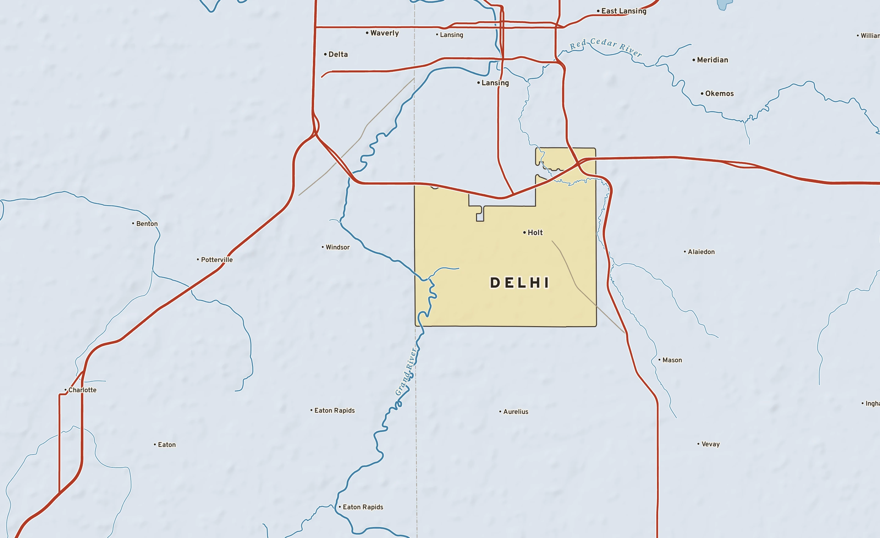 Shaded-relief atlas plate of Delhi, Michigan: rivers, roads, the city limits and where the water drains.