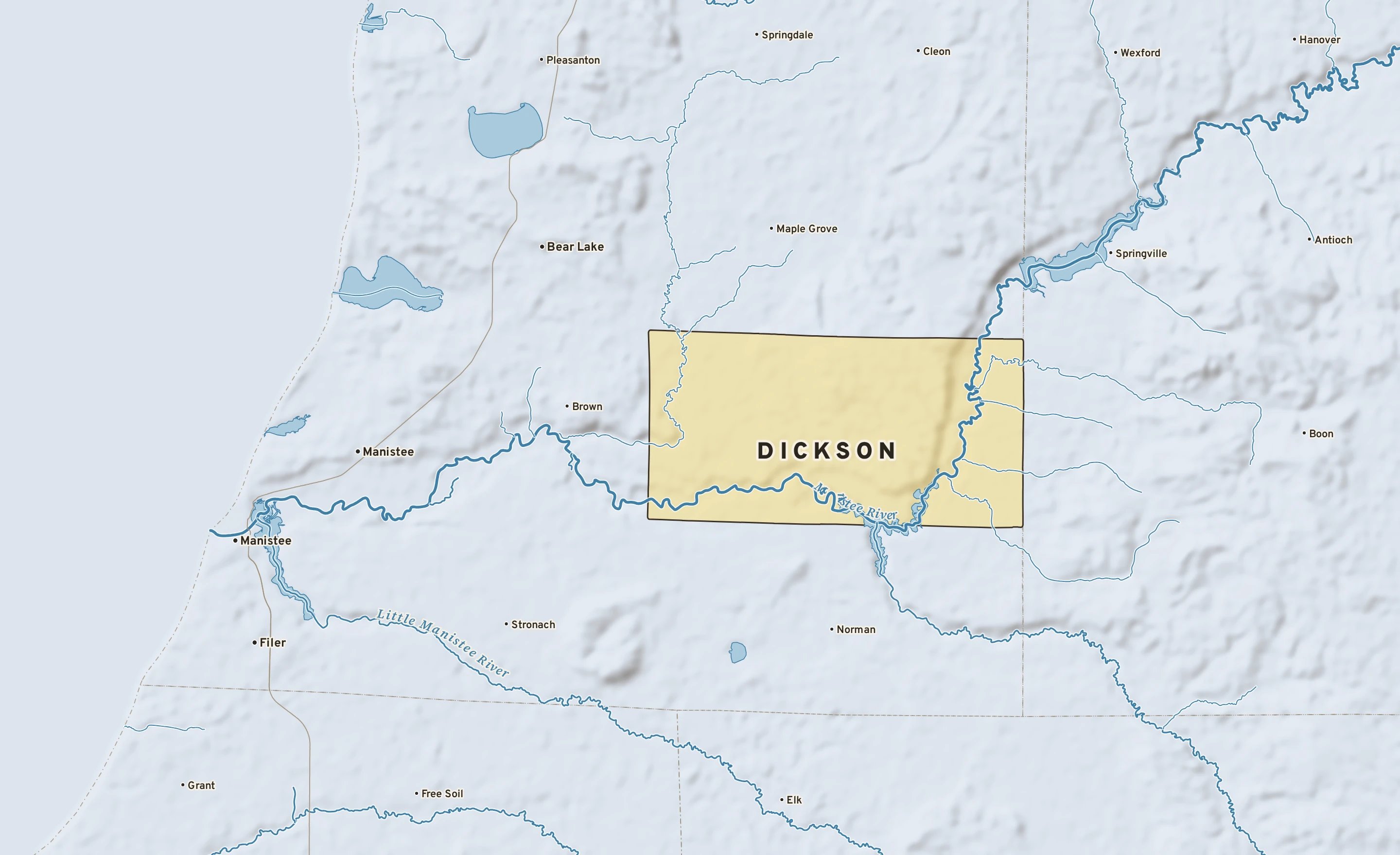 Shaded-relief atlas plate of Dickson, Michigan: rivers, roads, the city limits and where the water drains.