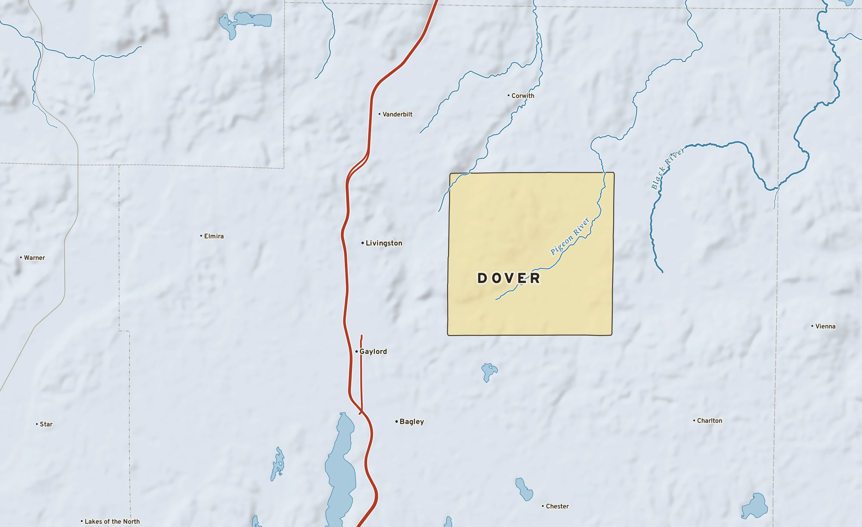 Shaded-relief atlas plate of Dover, Michigan: rivers, roads, the city limits and where the water drains.