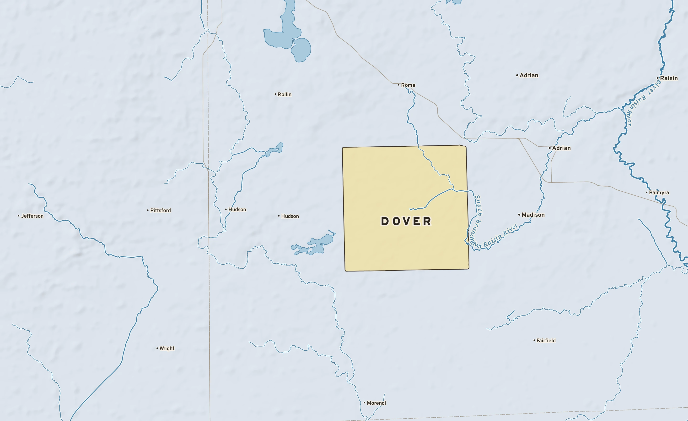 Shaded-relief atlas plate of Dover, Michigan: rivers, roads, the city limits and where the water drains.