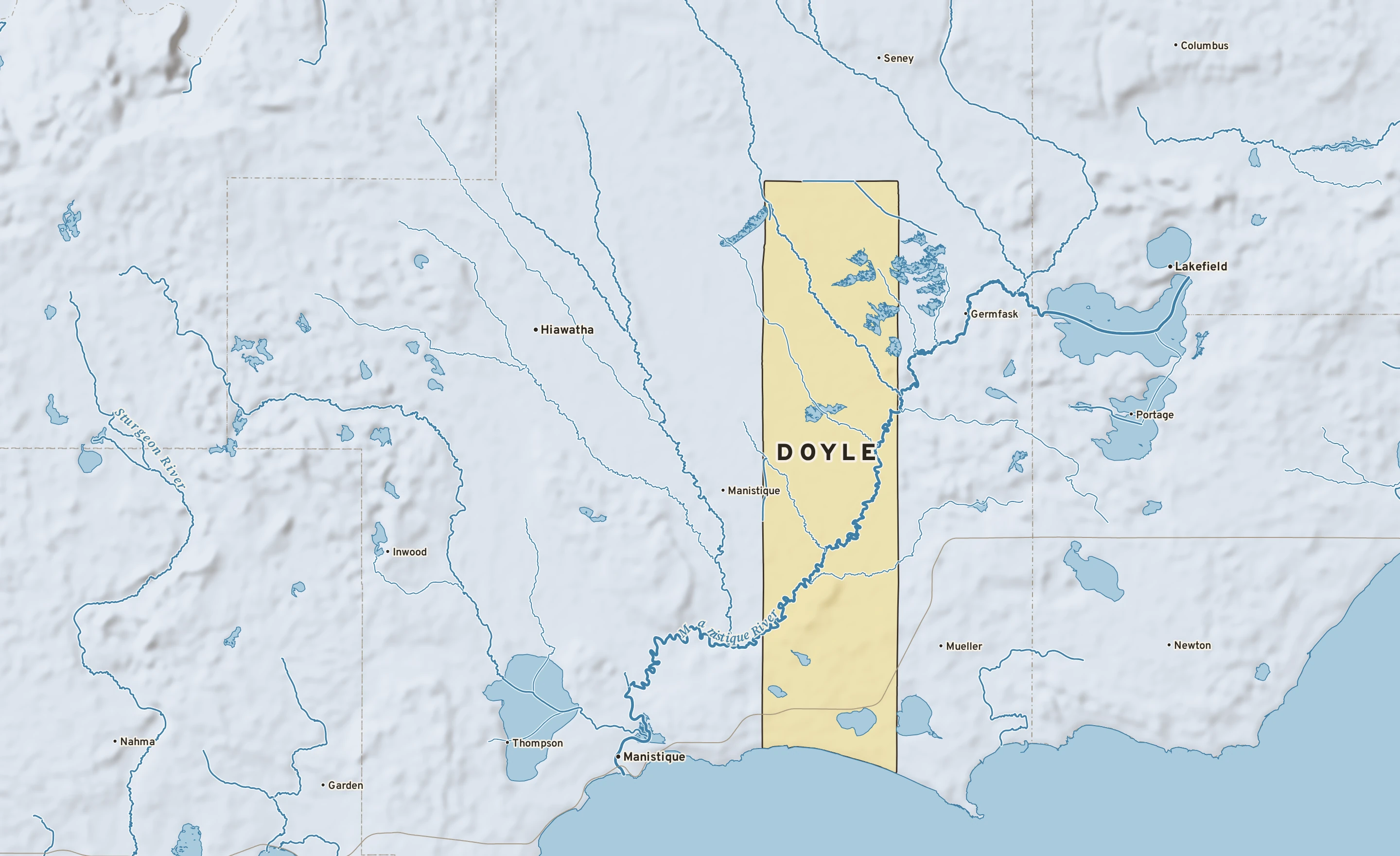 Shaded-relief atlas plate of Doyle, Michigan: rivers, roads, the city limits and where the water drains.