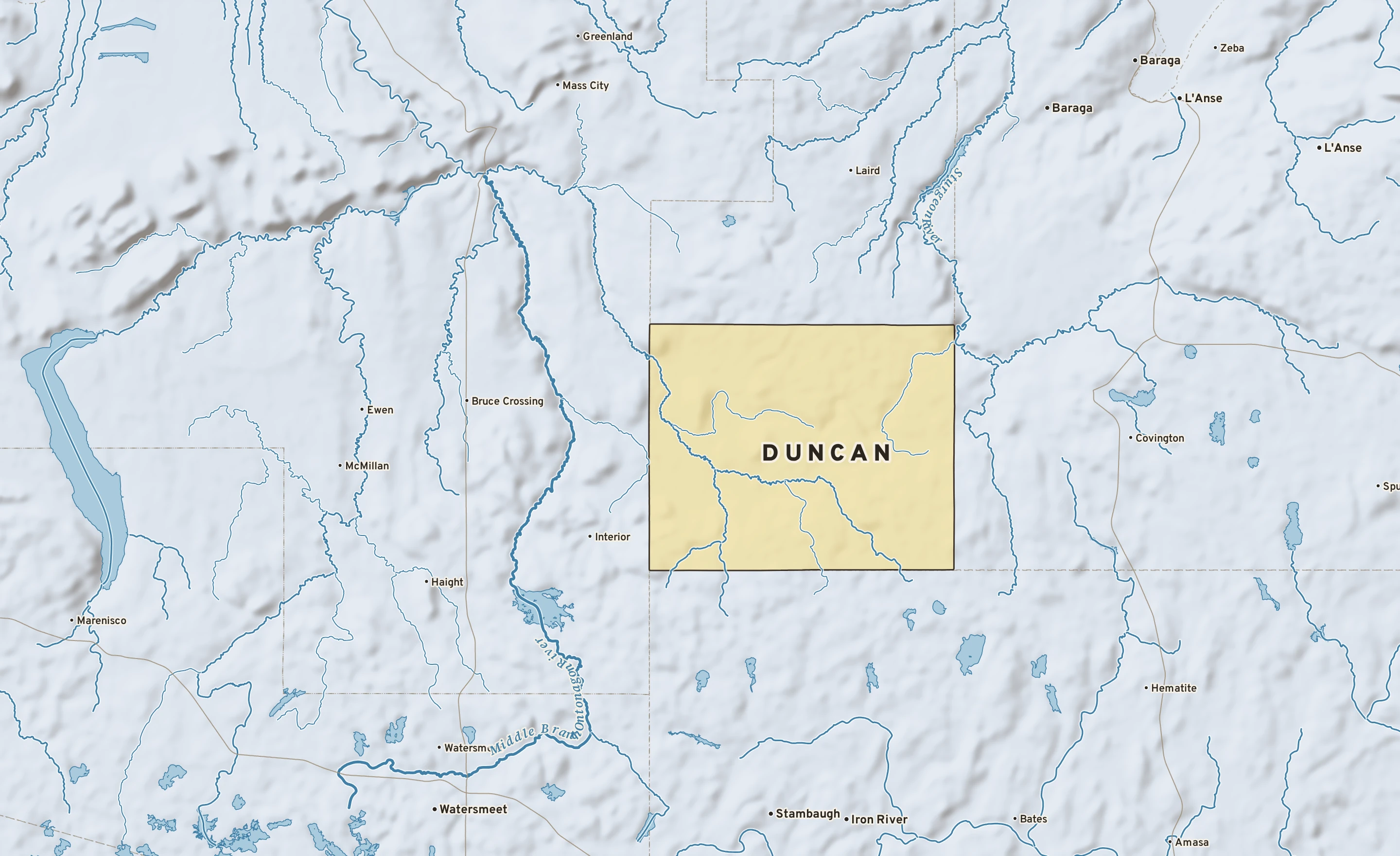 Shaded-relief atlas plate of Duncan, Michigan: rivers, roads, the city limits and where the water drains.