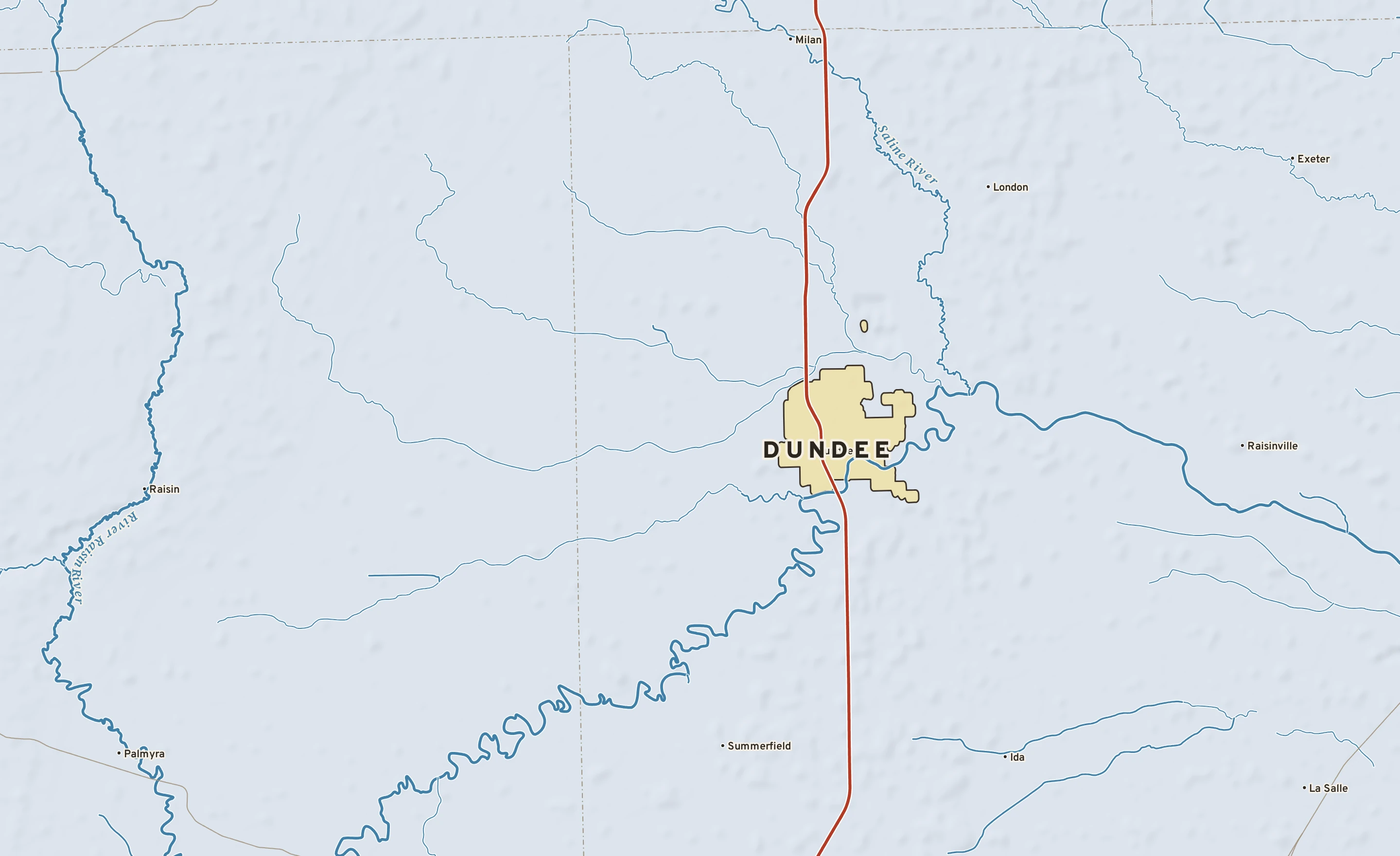 Shaded-relief atlas plate of Dundee, Michigan: rivers, roads, the city limits and where the water drains.