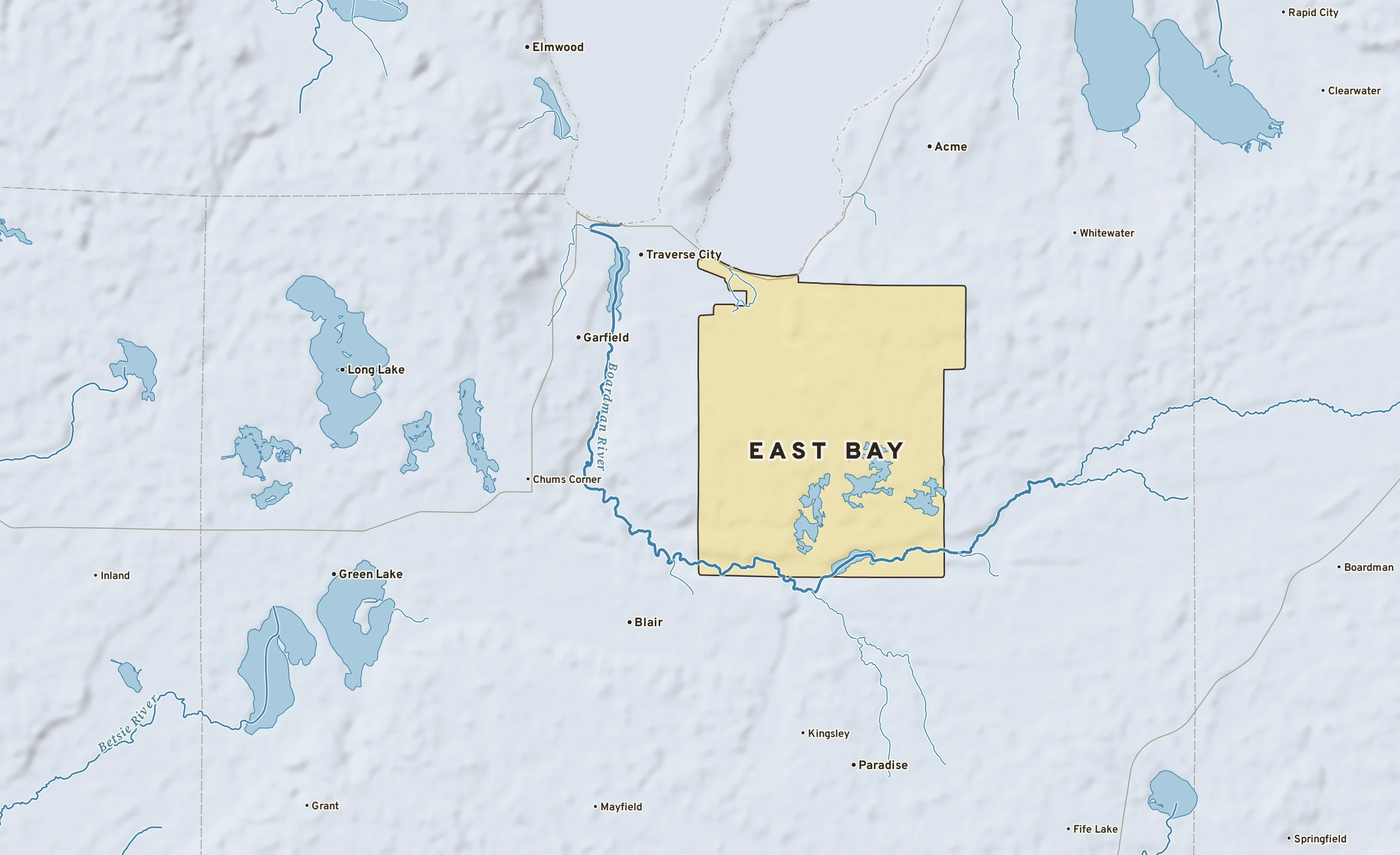Shaded-relief atlas plate of East Bay, Michigan: rivers, roads, the city limits and where the water drains.