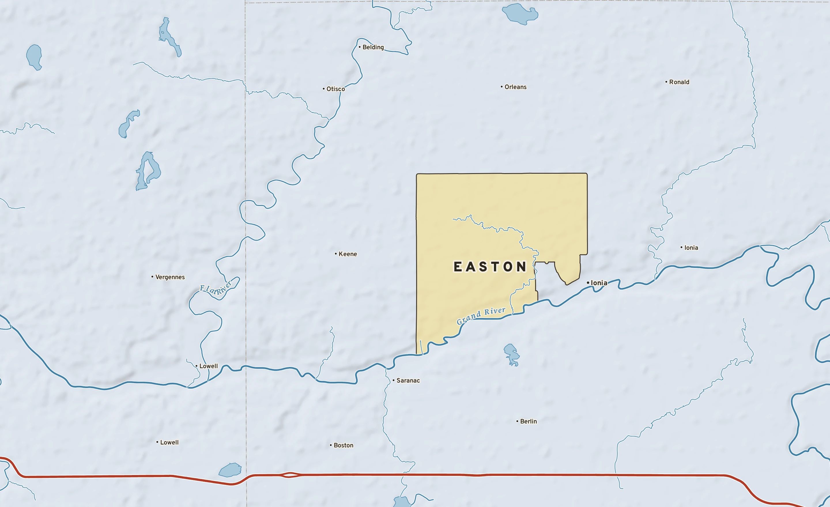 Shaded-relief atlas plate of Easton, Michigan: rivers, roads, the city limits and where the water drains.