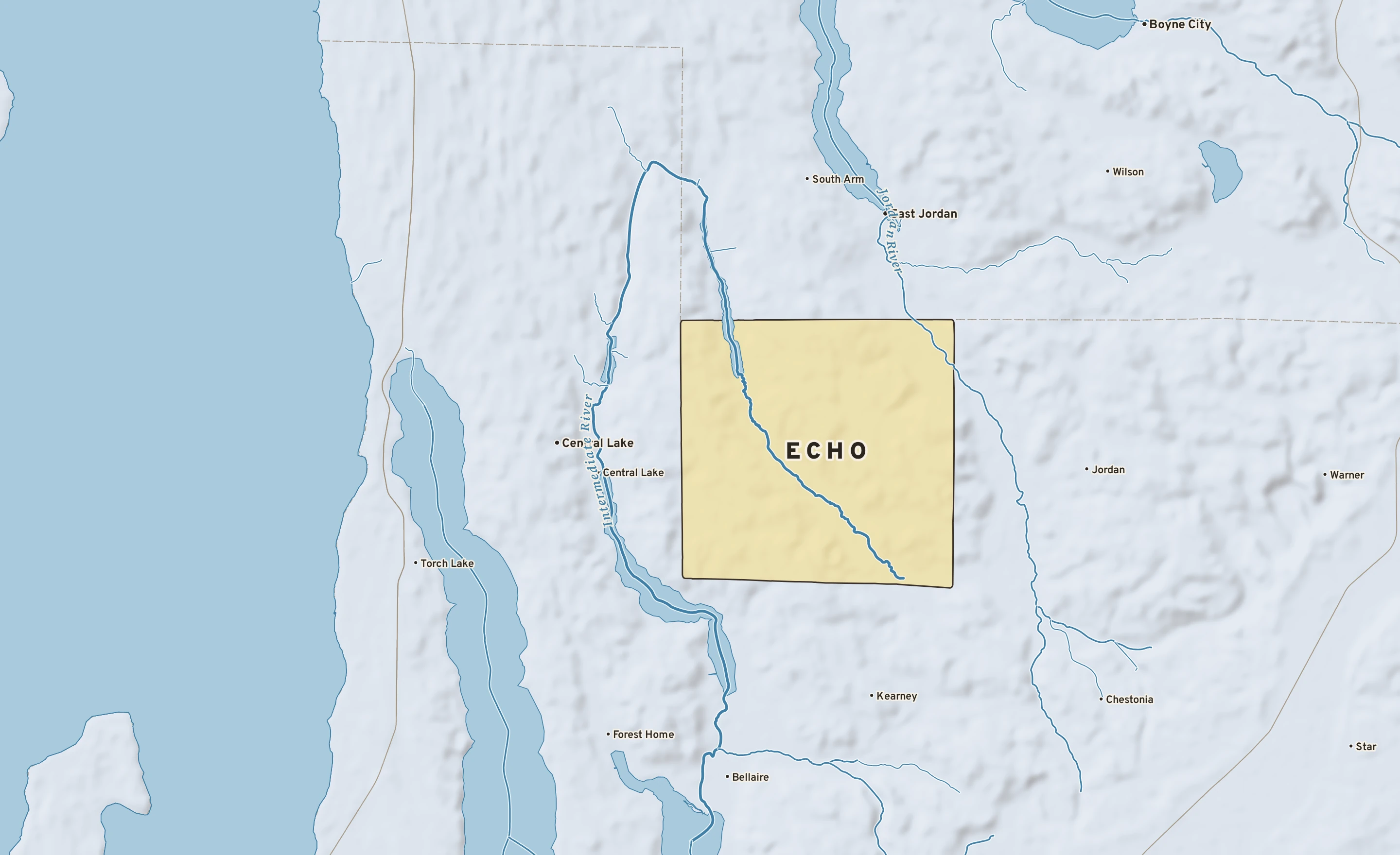 Shaded-relief atlas plate of Echo, Michigan: rivers, roads, the city limits and where the water drains.
