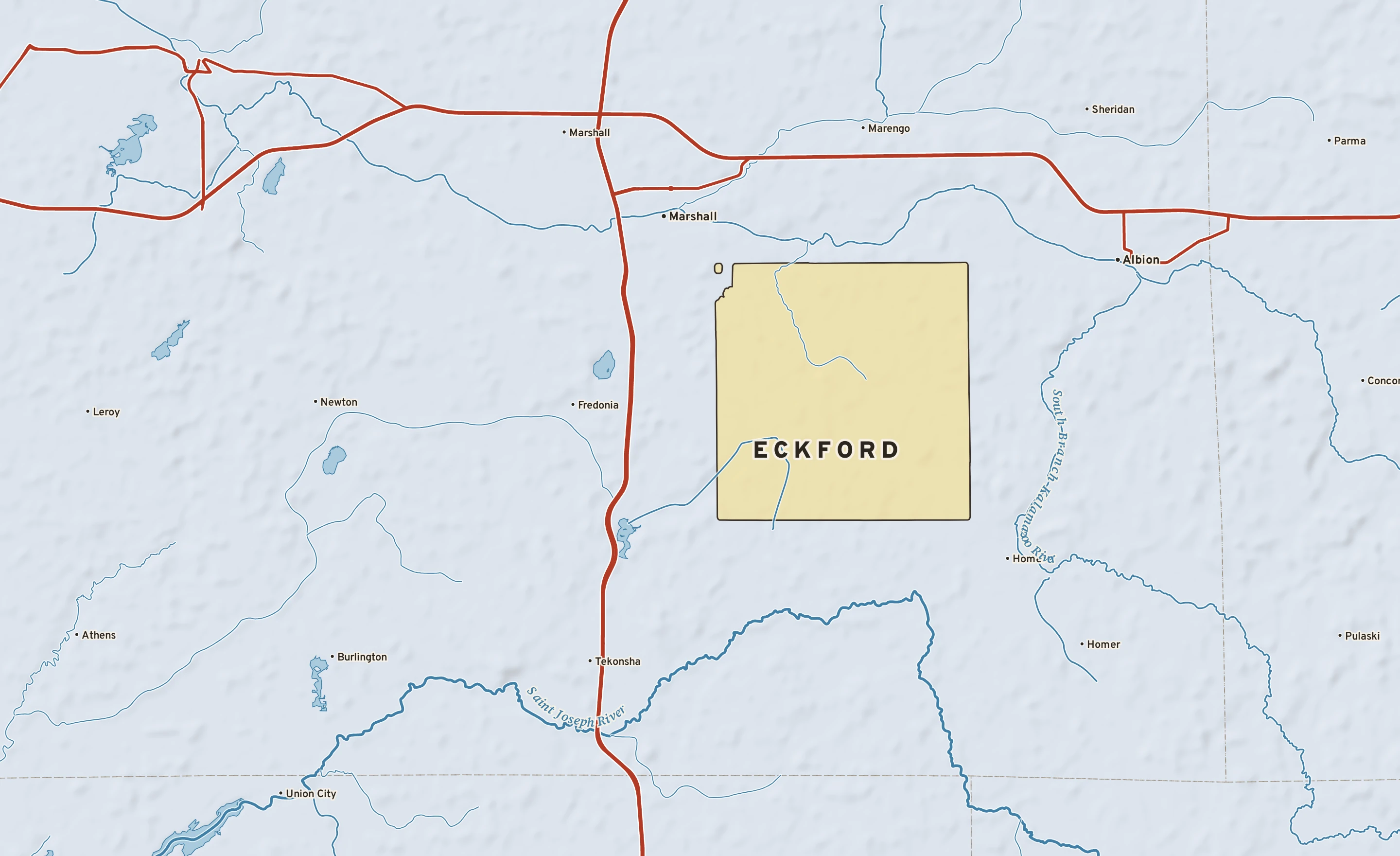 Shaded-relief atlas plate of Eckford, Michigan: rivers, roads, the city limits and where the water drains.