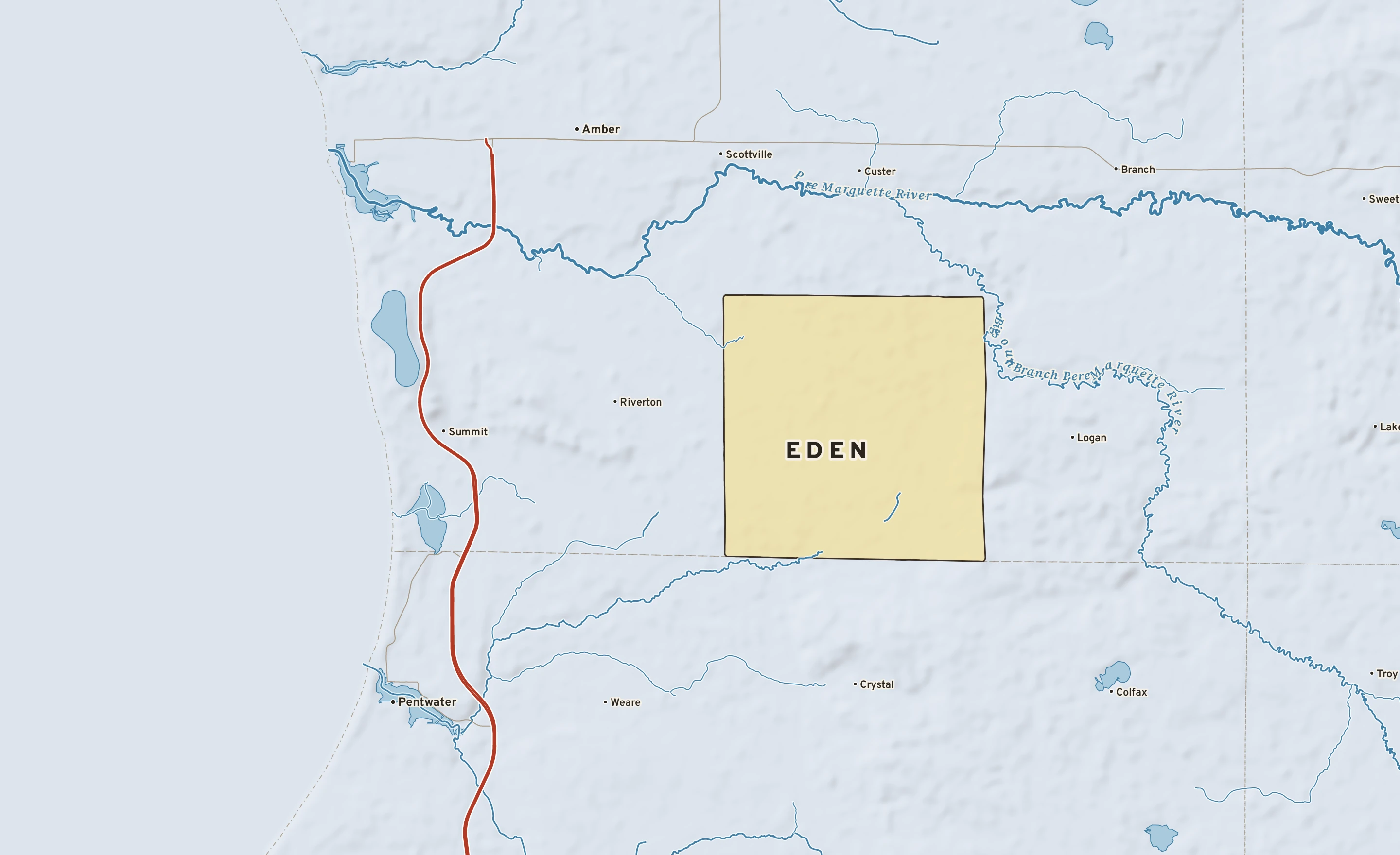 Shaded-relief atlas plate of Eden, Michigan: rivers, roads, the city limits and where the water drains.
